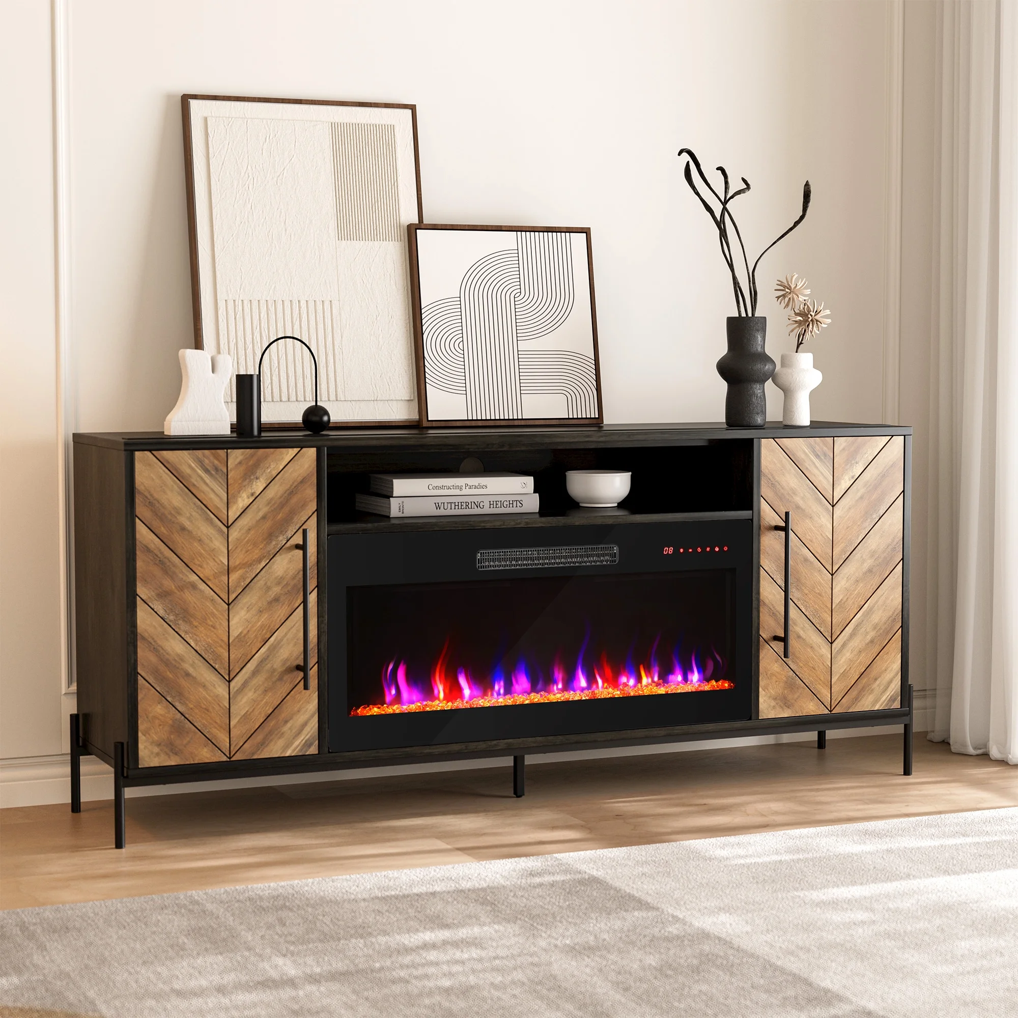 BELLEZE 68' Wood TV Stand with 36' Electric Fireplace, Entertainment Center with Storage Cabinet, Console Table for TVs up to 75 Inches, for Living Room, Bedroom - Harper (Black Ebony)