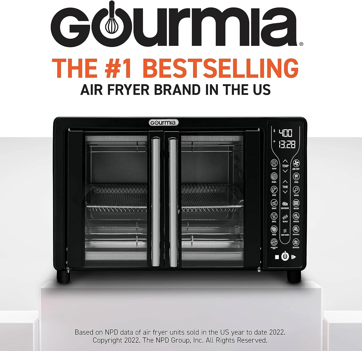 Gourmia Toaster Oven Air Fryer Combo 17 cooking presets 1700W french door digital air fryer oven 24L capacity accessories, convection rack, baking pan tray recipe book GTF7460,Large,Black