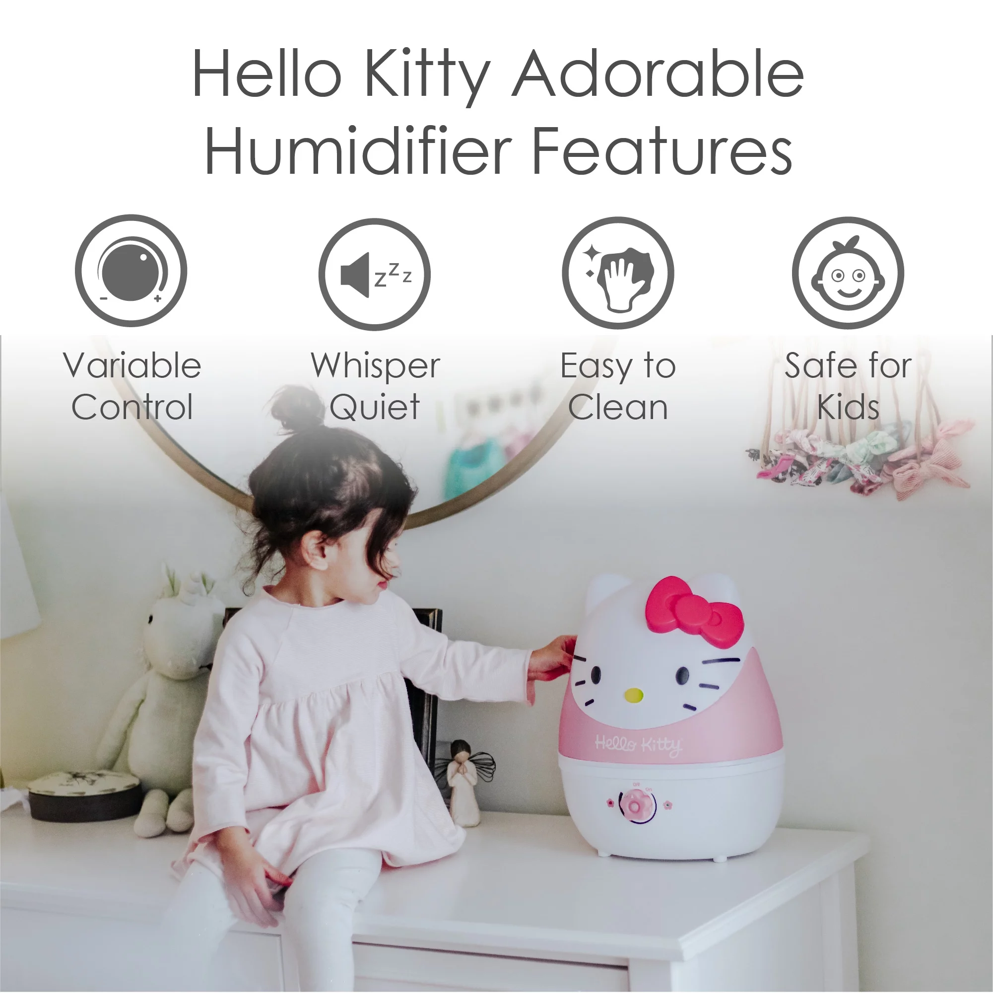 Crane Adorable Ultrasonic Cool Mist Humidifier for Kids, 1 Gallon, 500 Sq Ft Coverage, 24 Hour Run Time - Hello Kitty