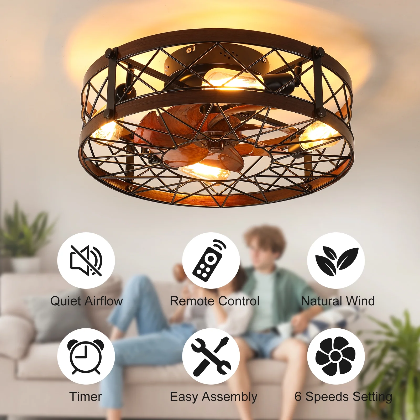Aukfa Retro Small Ceiling Fan with Light Remote Control, Flush Mount, Caged Fan with 4 Bulbs for Farmhouse Dining Room Bedroom