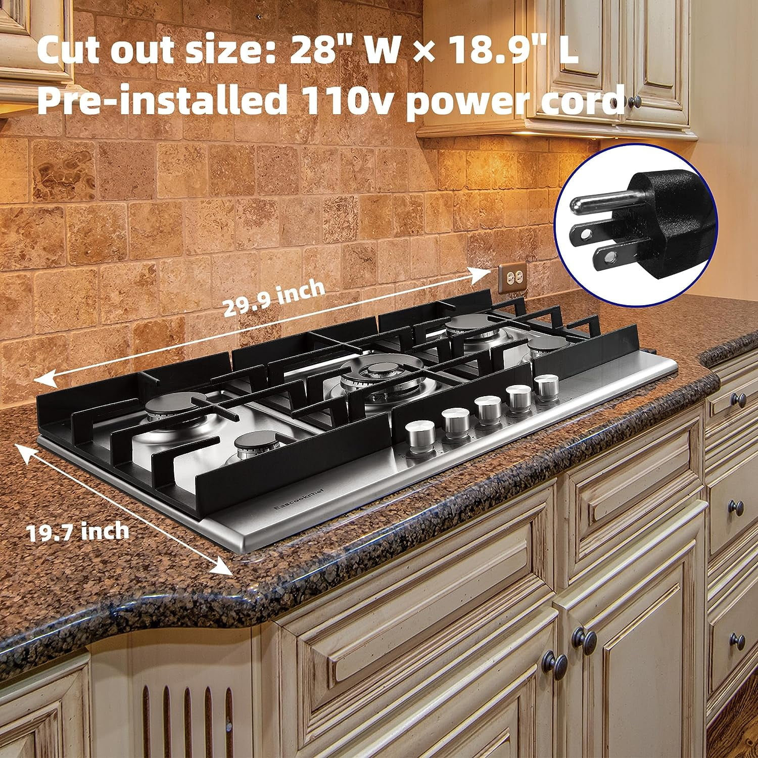 30 inch Gas Cooktop Gas Stove Top w/ 5 High Efficiency Burner Bulit-in Stainless Steel Gas Stoves for Kitchen NG/LPG Convertible Thermocouple Protection