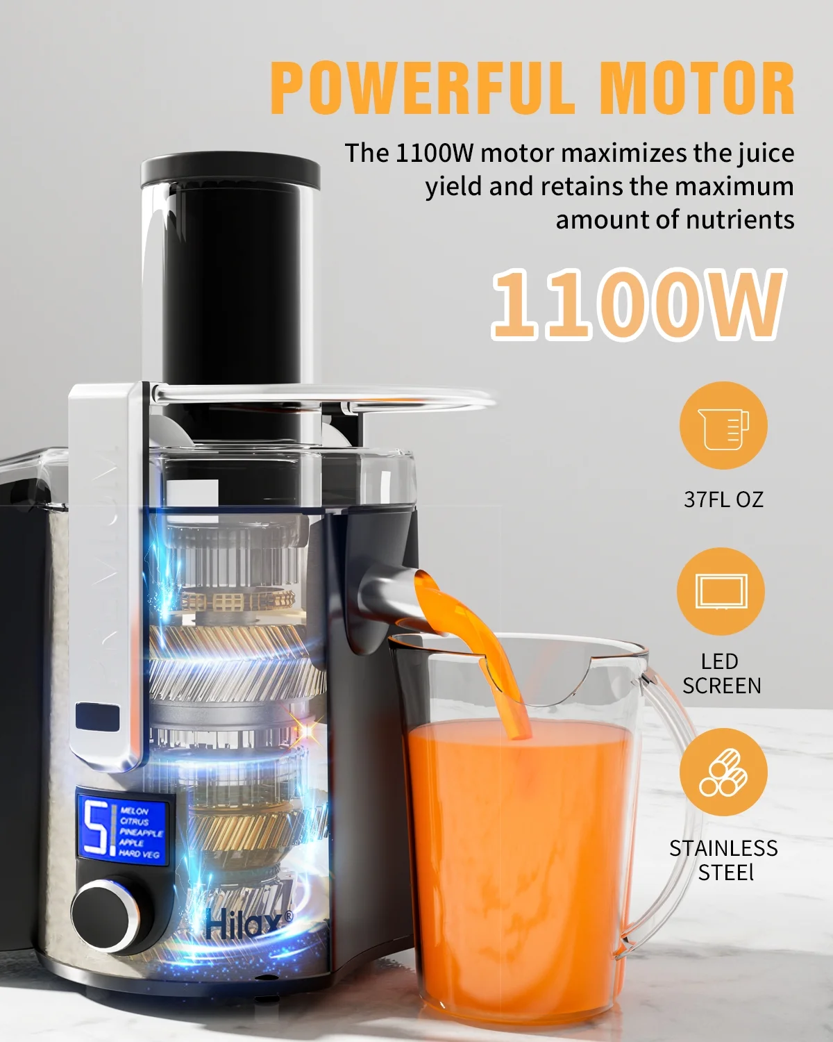 Hilax Centrifugal Juicer Machine - LCD Monitor 1100W Juice Extractor with 3' Feed Chute,Fast Juicing Fruit Juicer,BPA Free,Easy to Clean,Champagne