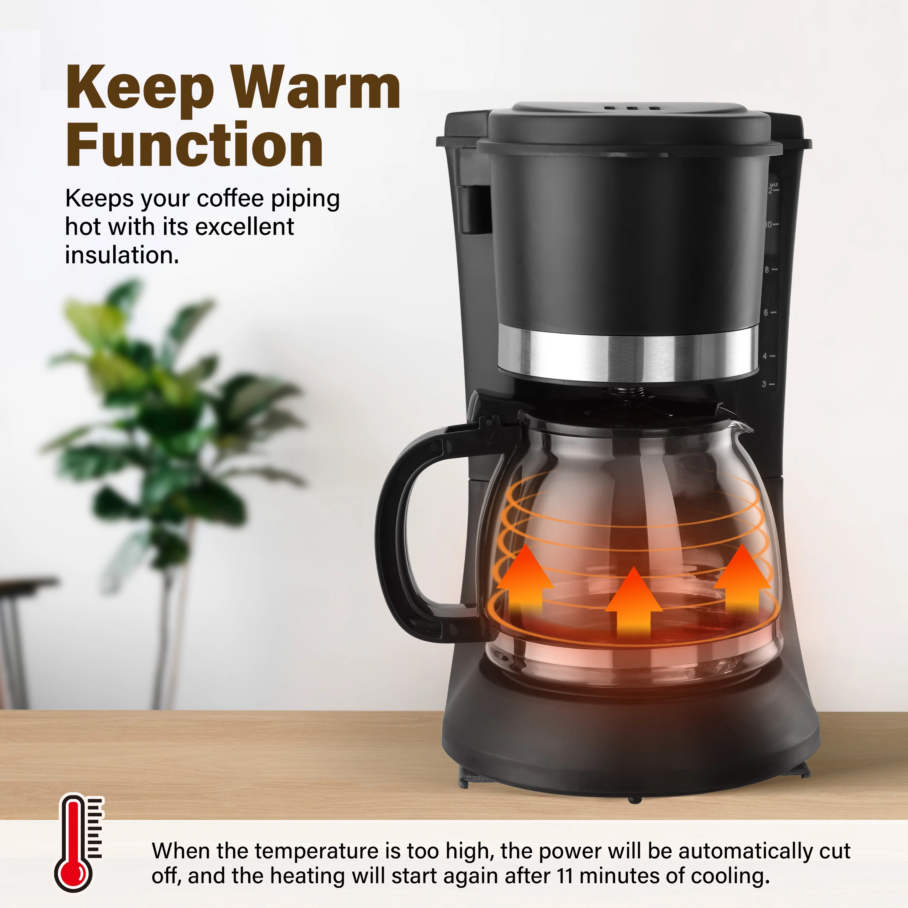 10-Cup Drip Coffee Maker Anti-Drip Coffee Machine Reusable Filter Keep-Warm Function Clear Water Level Window Coffee Machine Ideal for Home or Office