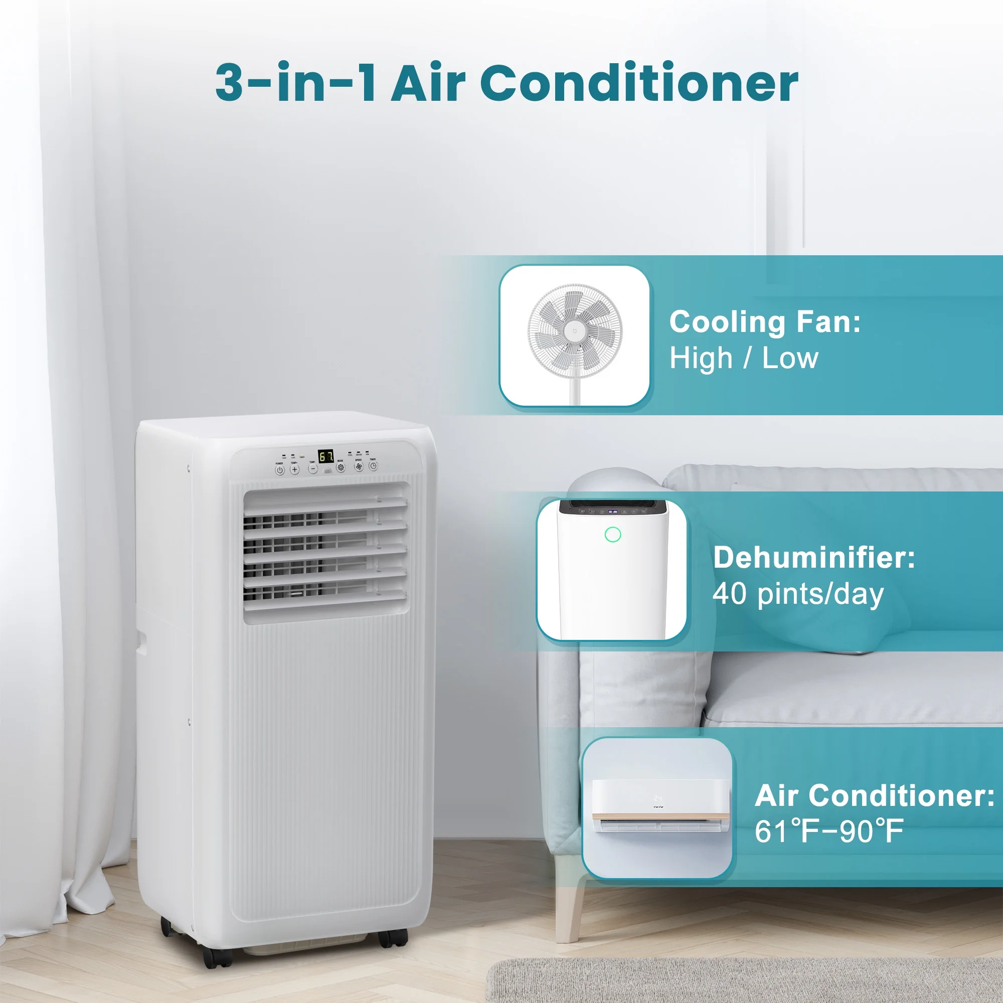 Besttey 8000 BTU Portable Air Conditioner Cools up to 250 Sq.ft w/Dehumidifier & Fan Mode, Remote Control & Removable Wheels, White