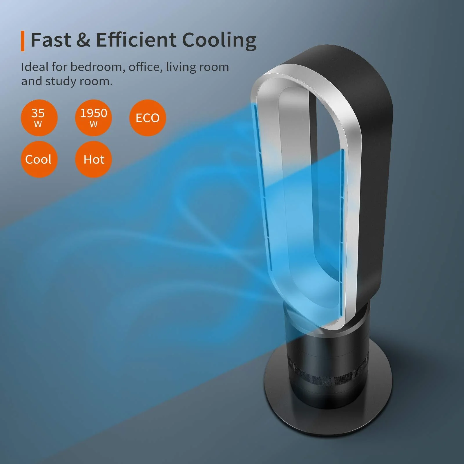 Bladeless Tower Fan, Quiet Bedroom Fan with Remove, 32 Inch, Oscillating Fan for Indoor, Heater and Fan Combo, Black