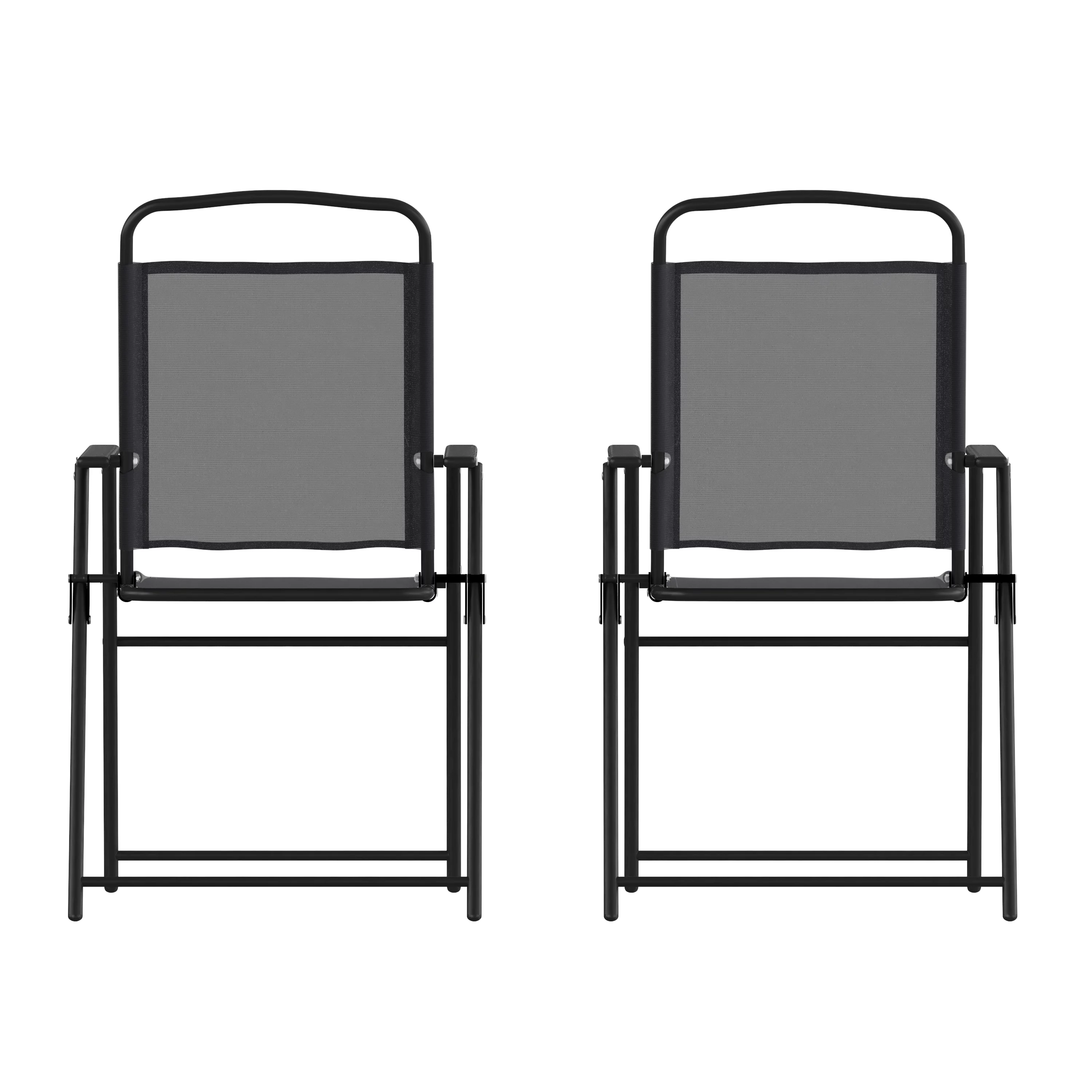 BizChair Set of 2 Folding Patio Sling Chairs, Outdoor Textilene Lawn Chairs with Armrests in Black