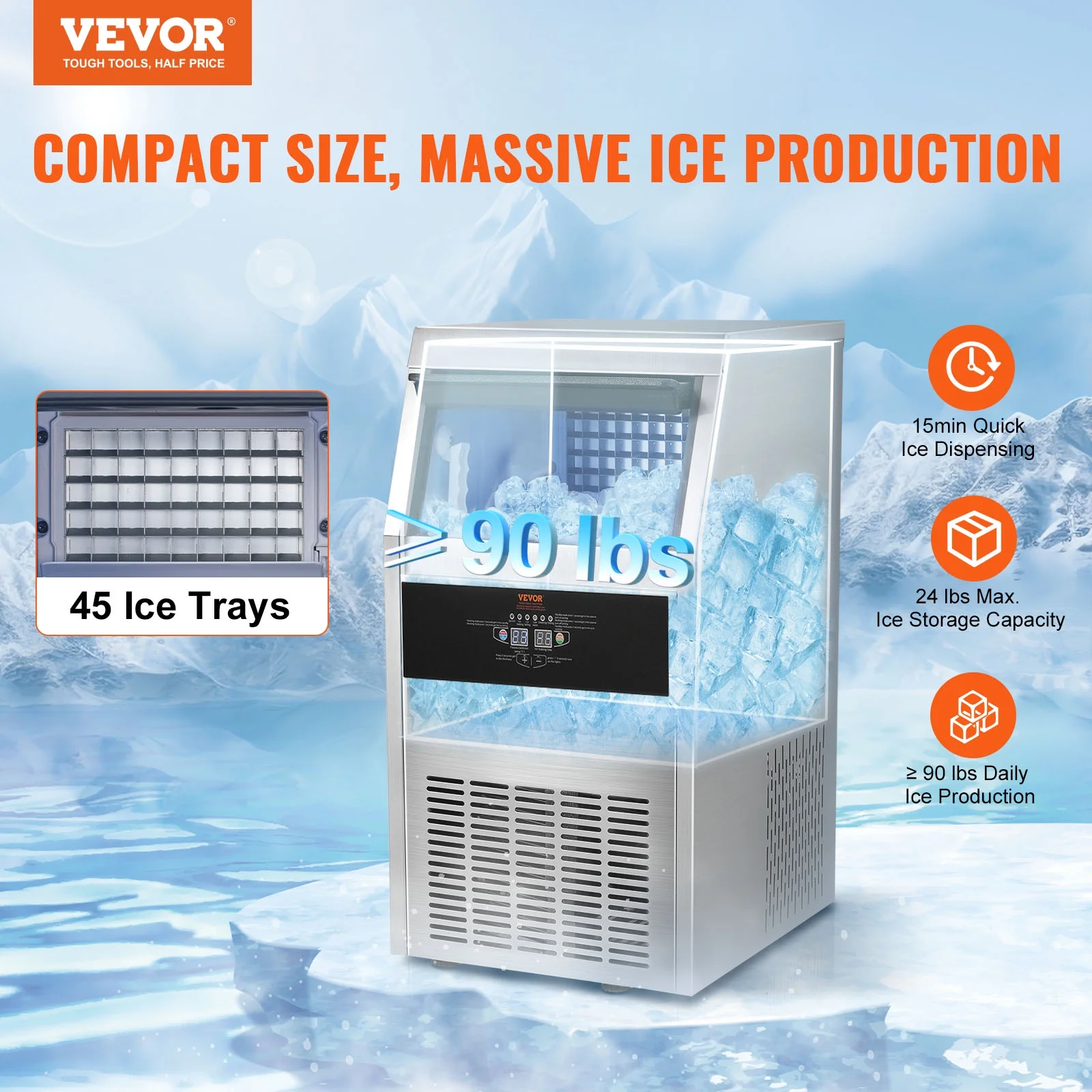BENTISM Commercial Ice Maker 90-100lbs/24h with 33lbs Bin and Electric Water Drain Pump, Clear Cube, Stainless Steel Construction, Auto Operation, Include Water Filter 2 Scoops and Connection Hose