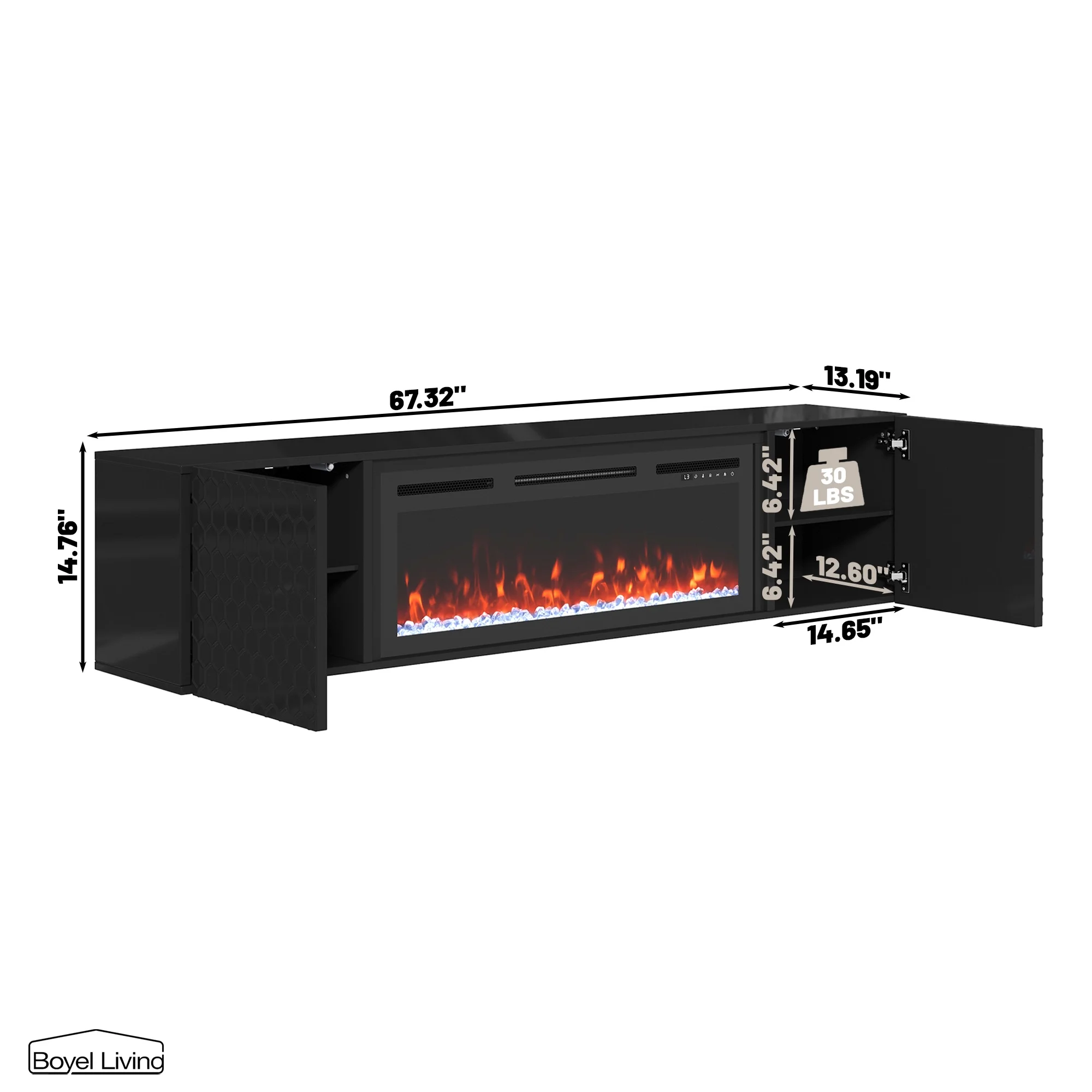 Boyel Living Floating Fireplace TV Stand, Wall Mounted TV Console w/ 36' Electric Fireplace, Living Room Storage Table, Modern Media Console for TVs Up to 80