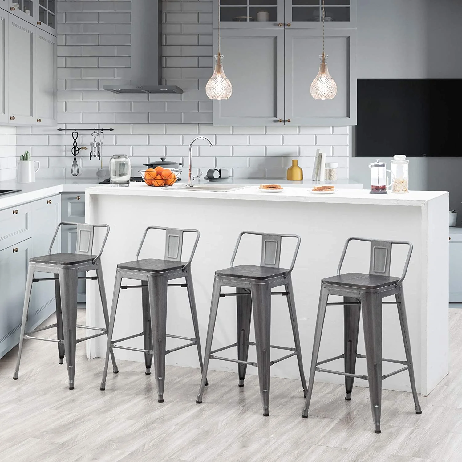 Andeworld 24' Metal Barstools Set of 4 Counter Height Bar Stools with Back (Wood Top Low Back, Brushed Gray)