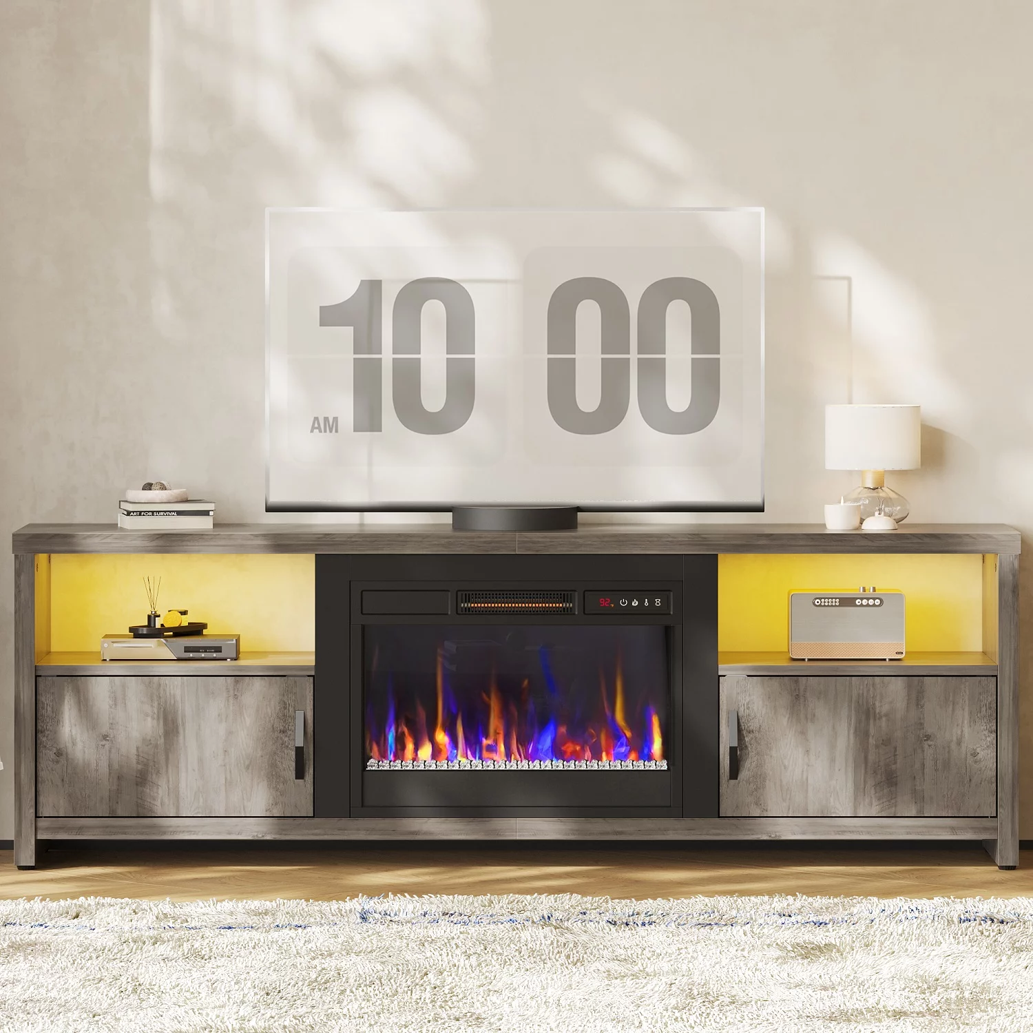 Bestier Farmhouse Electric Fireplace TV Stand for TVs up to 75' Entertainment Center with LED Lights, Wash Grey