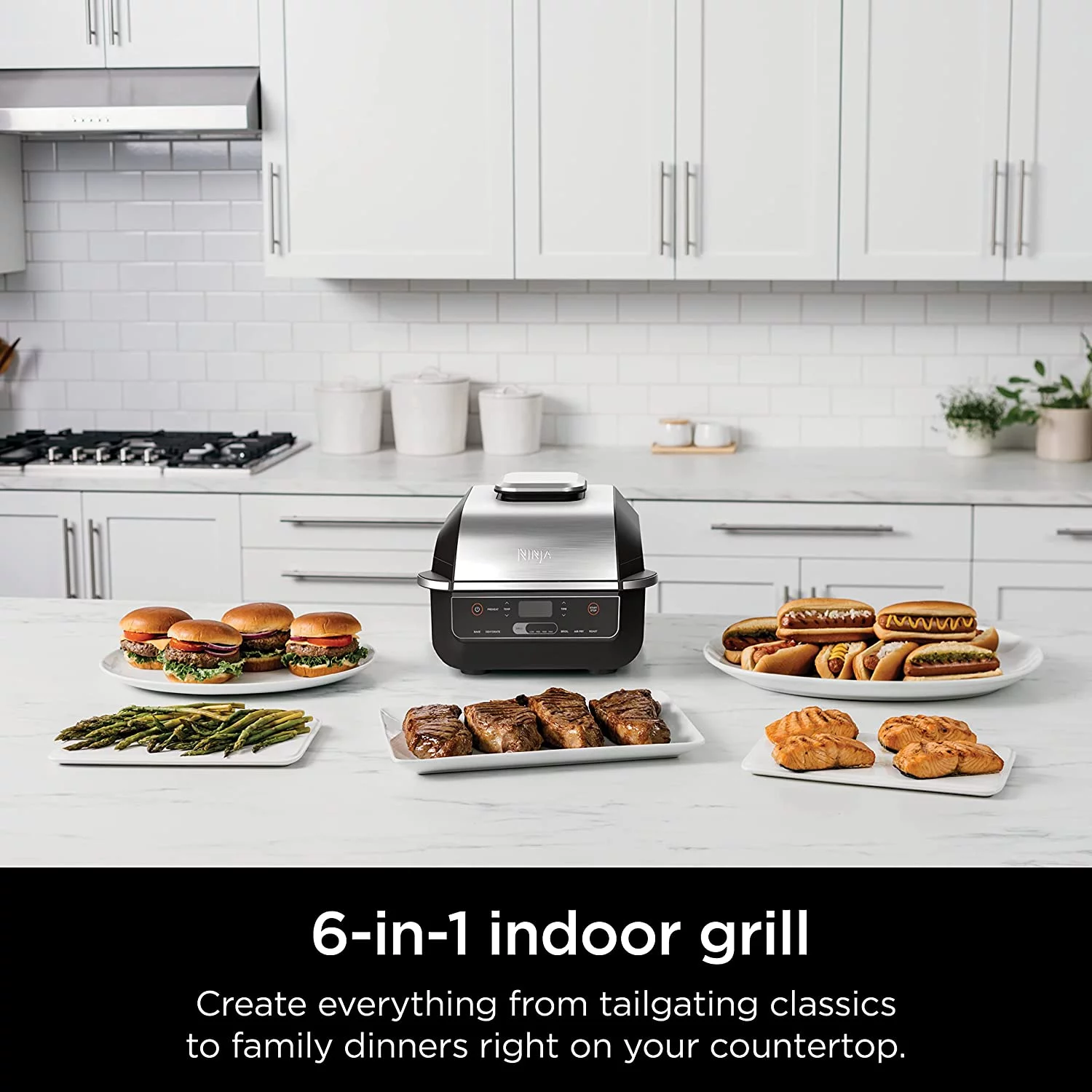 HOZO EG201 Foodi 6-in-1 Indoor Grill with Air Fry, Roast, Bake, Broil, & Dehydrate, 2nd Generation, Dishwasher Safe, Black/Silver