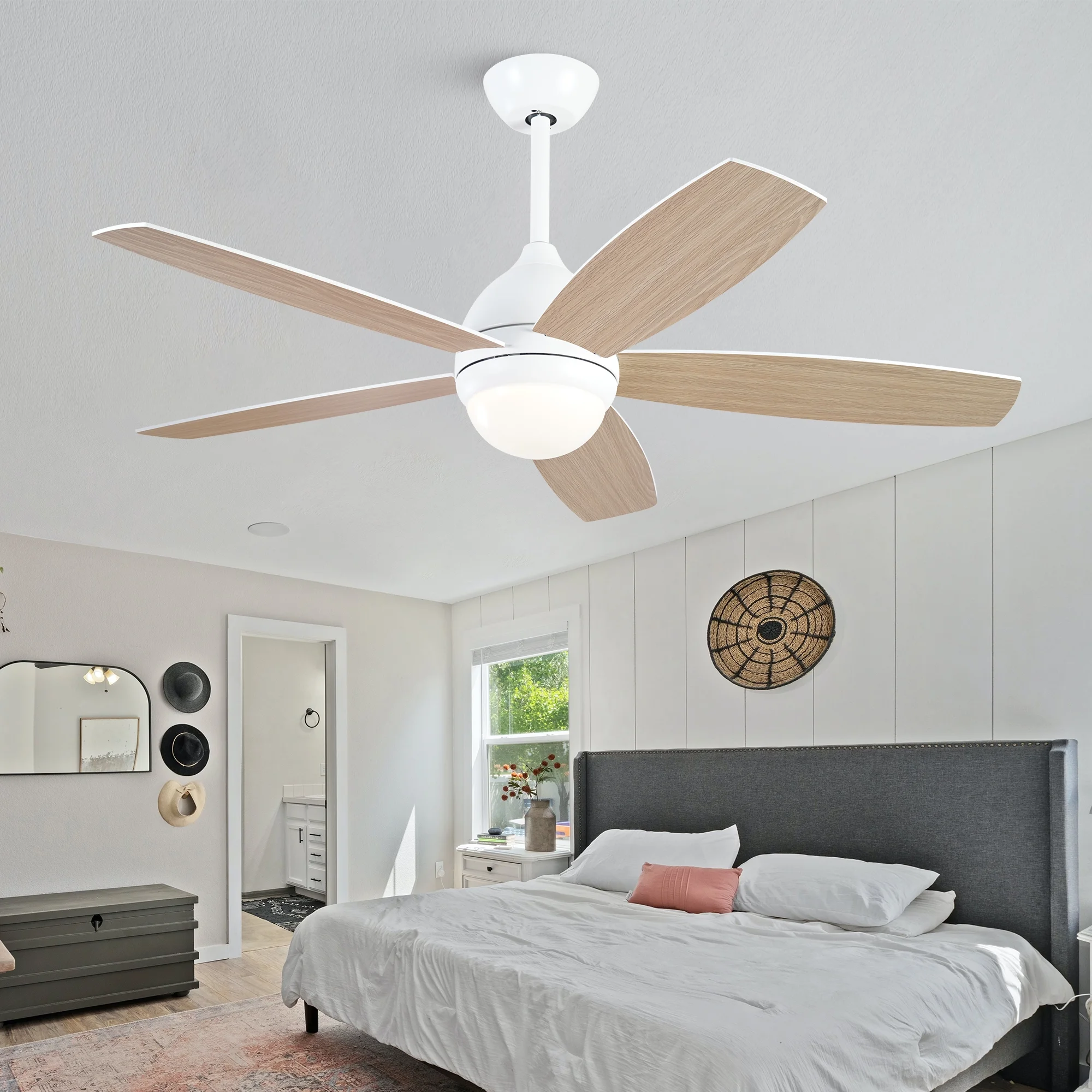 KAPOEFAN 52 inch Downrod Ceiling Fans with Lights and Remote, Three Color Light,Bicolor Blades, White Fan Light for Indoor/Outdoor