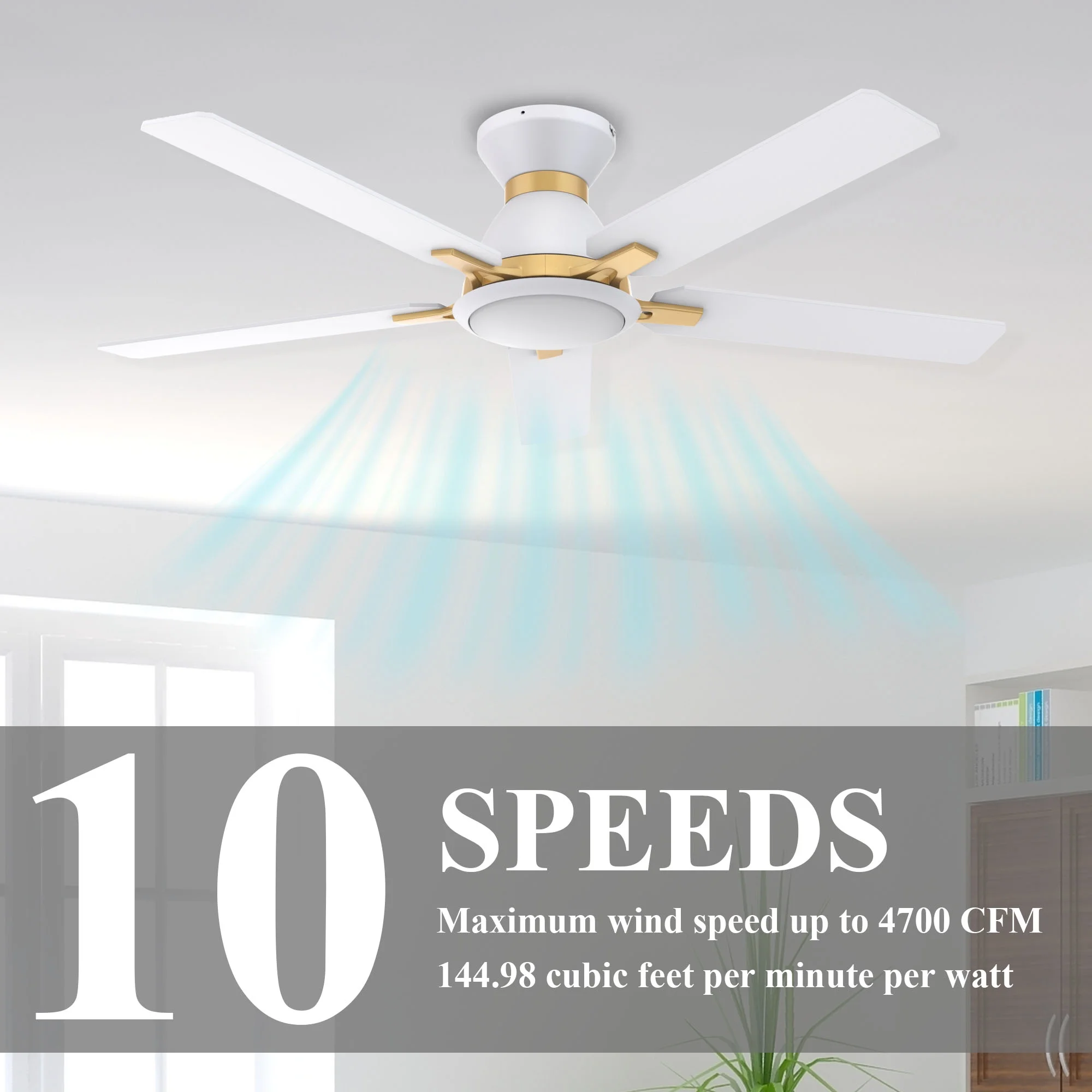 52' White/Gold Smart Wifi Flush Ceiling Fan with Dimmable LED Light & Remote for Indoor Home