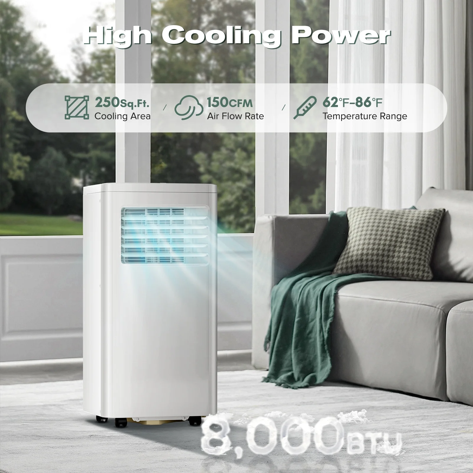 KISSAIR 5000 BTU (8000 BTU ASHRAE) Portable AC, 3-in-1 with Dehumidifier/Fan/Sleep Modes