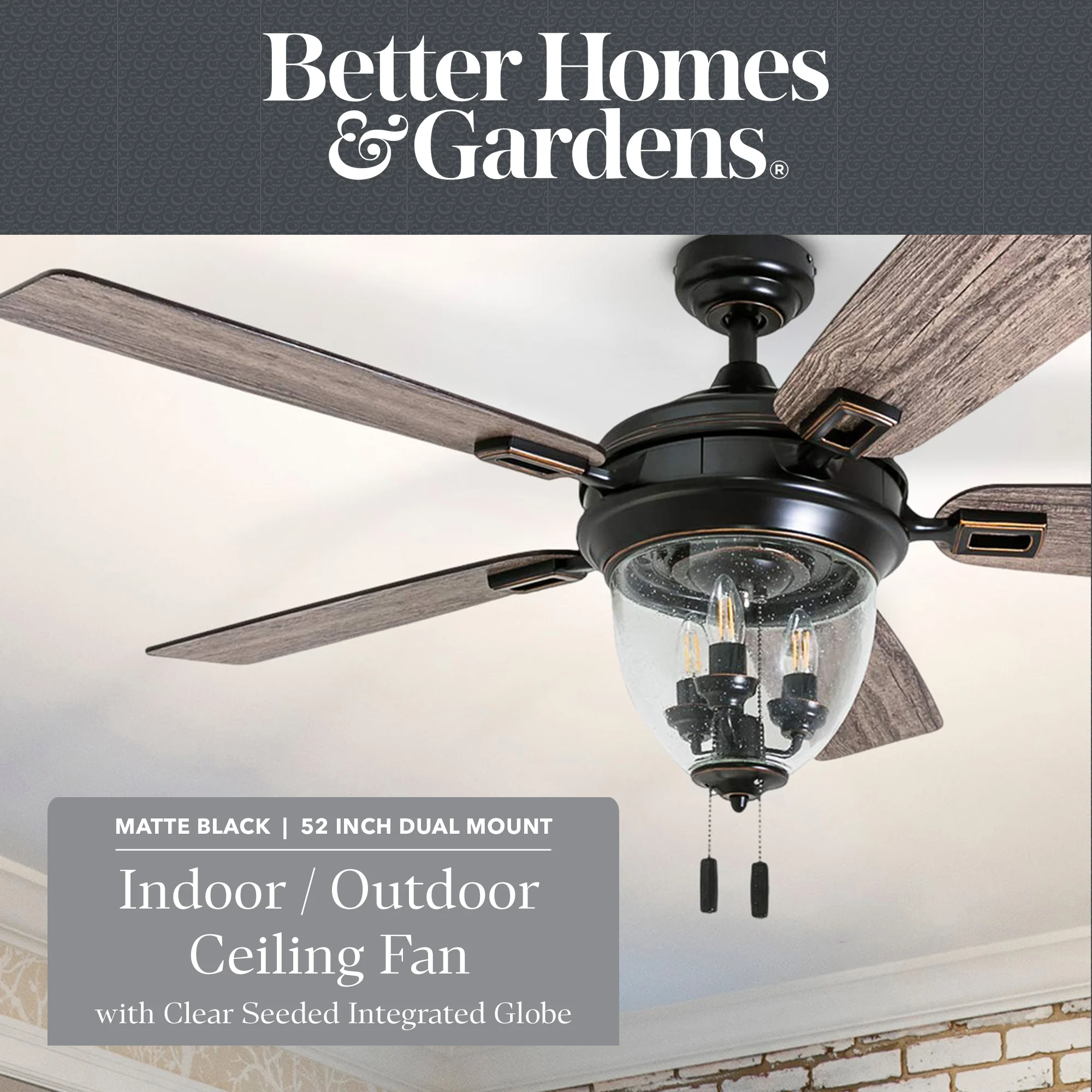 Better Homes & Gardens 52' Matte Black Indoor/Outdoor Ceiling Fan with Lights, 5 Blades, Pull Chains & Reverse Airflow