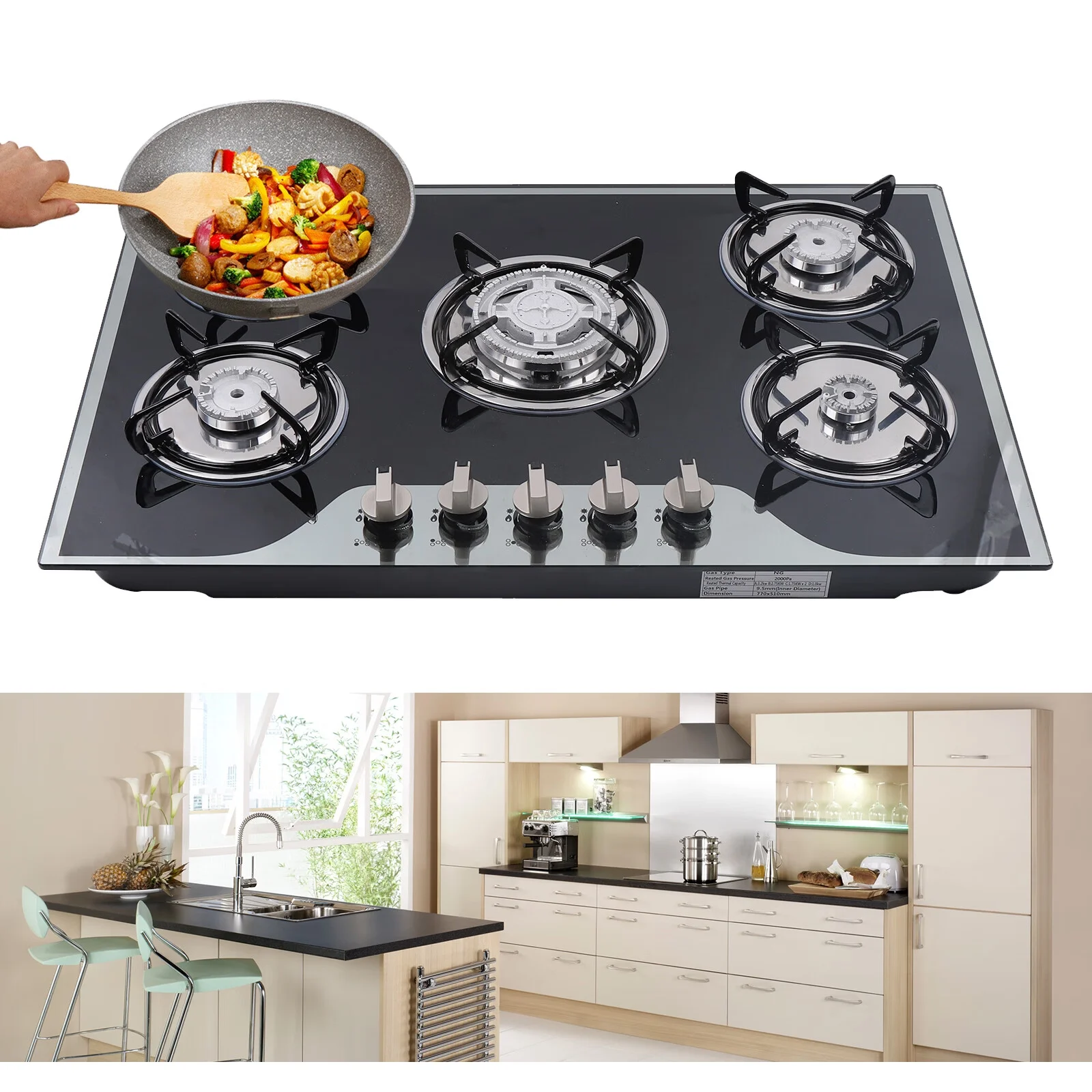 ANQIDI 30.3' Gas Cooktop 5 Burners Gas Hobs Built-in Automatic Pulse Ignition Gas Stove LPG/NG Gas Tempered Glass Kitchen Cooker