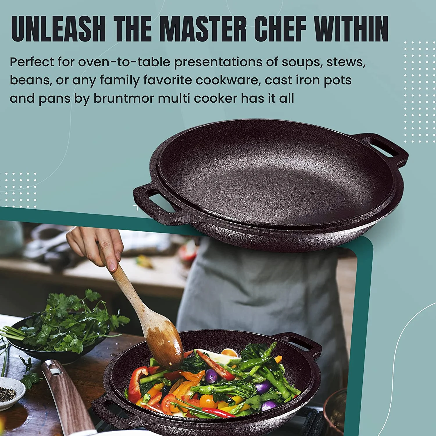 Bruntmor Heavy Duty Pre-Seasoned 2 in 1 Cast Iron Double Dutch Oven and Domed Skillet Lid - Versatile Healthy Design - Non-Stick - 5-Quart (Pre-Seasoned)
