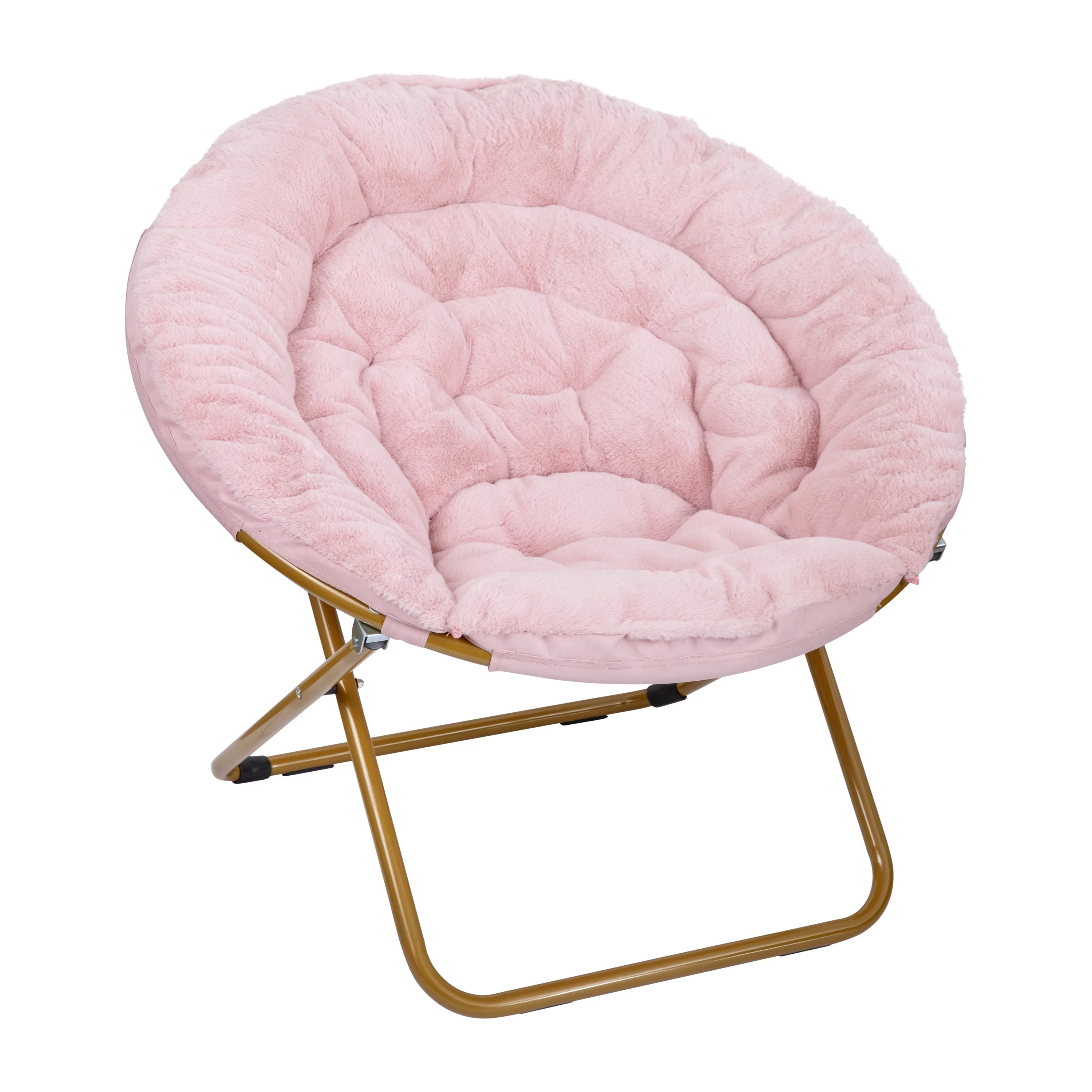 Emma + Oliver 38' Oversize Portable Faux Fur Folding Saucer Moon Chair for Dorm and Bedroom, Blush Faux Fur/Soft Gold Frame