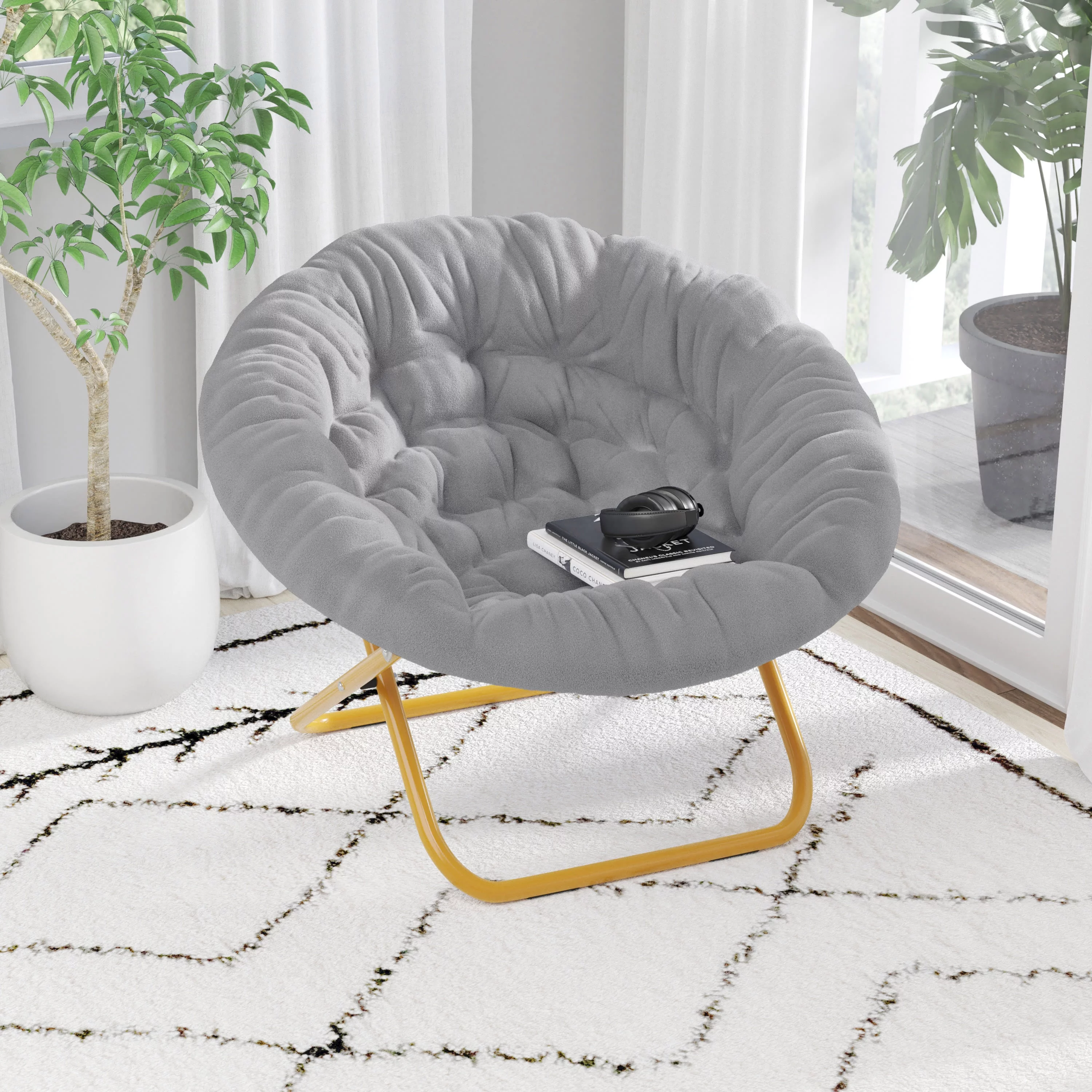 Flash Furniture Gwen 38' Oversize Portable Faux Fur Folding Saucer Moon Chair for Dorm and Bedroom, Gray Faux Fur/Soft Gold Frame