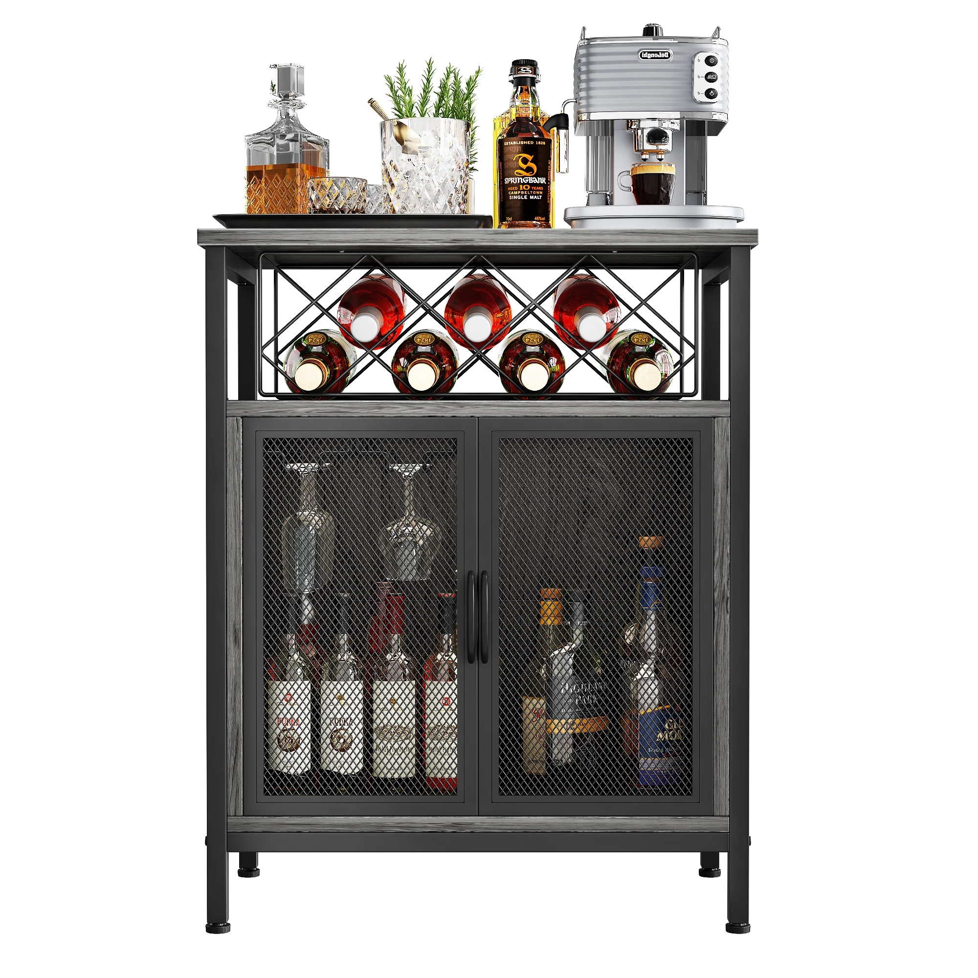 Kalrin Wine Bar Cabinet, Coffee Bar Buffet Cabinet with Storage, Corner Home Bar Liquor Cabinet with Wine Rack for Living Room, Kitchen, Oak Gray