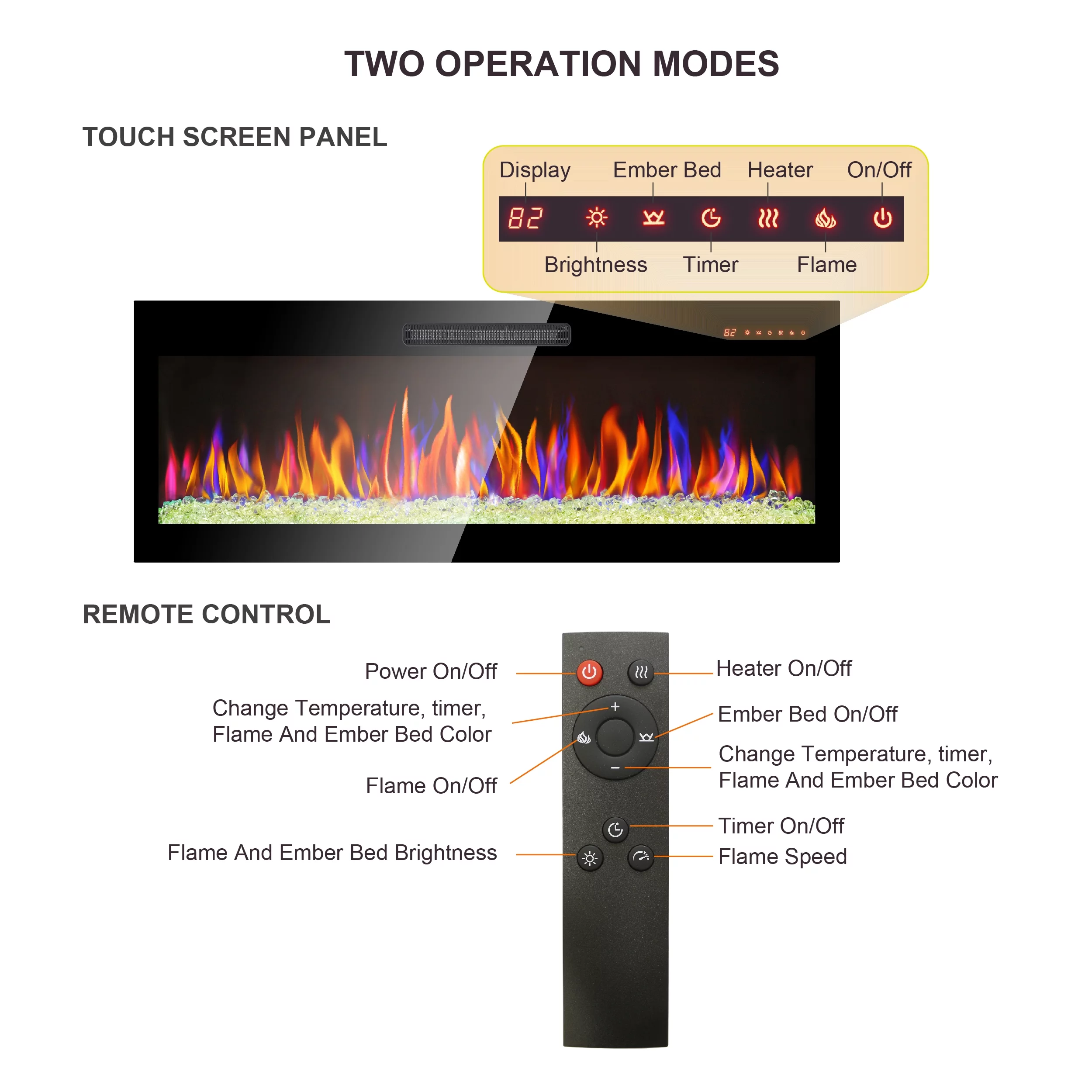 42 Inch Recessed Ultra Thin Tempered Glass Front Wall Mounted Electric Fireplace With Remote And Multi Color Flame & Emberbed, Led Light Heater