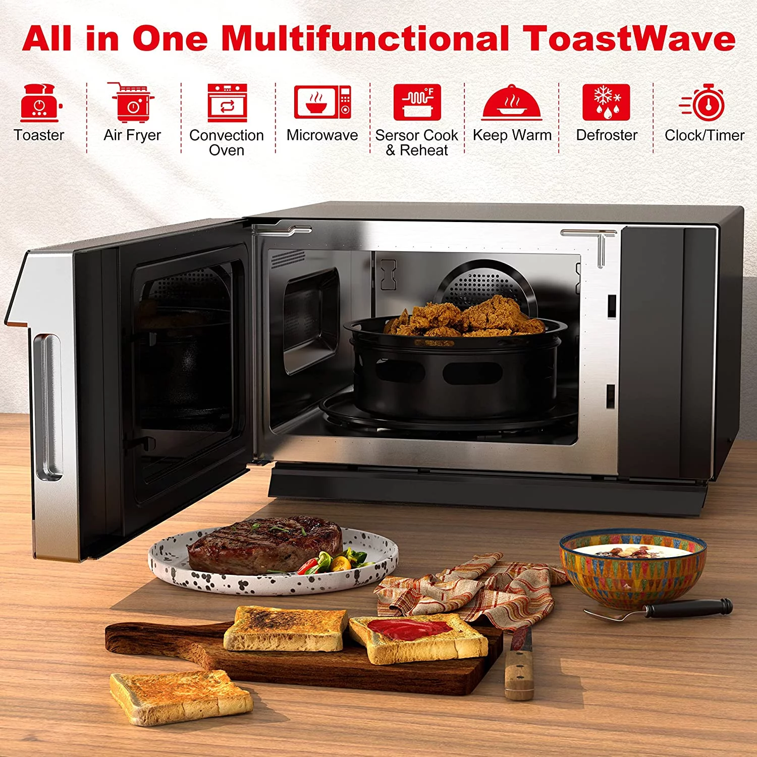 Galanz 4-in-1 ToastWave with TotalFry 360, Convection, Microwave, Toaster Oven, Air Fryer, 1000W,1.2 Cu.Ft, LCD Display, Cook, Sensor Reheat, Stainless Steel