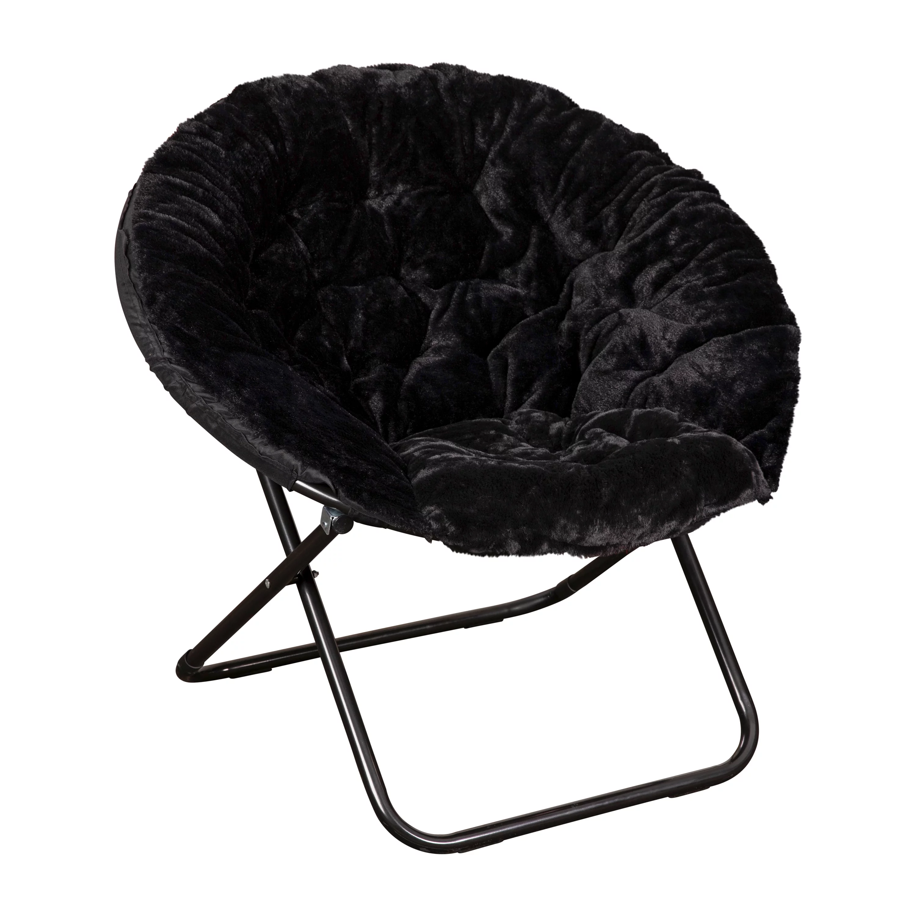 Emma + Oliver 38' Oversize Folding Saucer Chair with Cozy Faux Fur Upholstery in Black with Black Metal Frame for Dorms, Bedrooms, Apartments and More