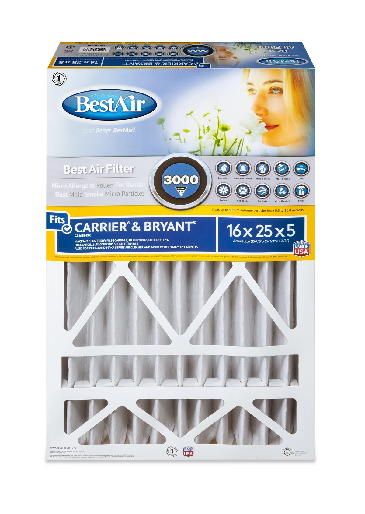 BestAir CB1625-13R Carrier/Bryant 16x25x5 Series 3000 MERV 13 Furnace Filter