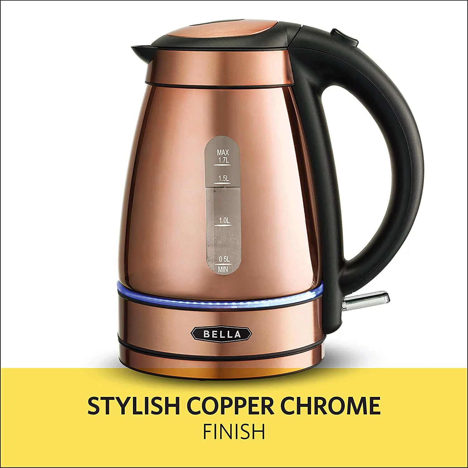 Bella 1.7 Liter 1500W Cordless Electric Illuminated Glass Kettle, Copper Chrome