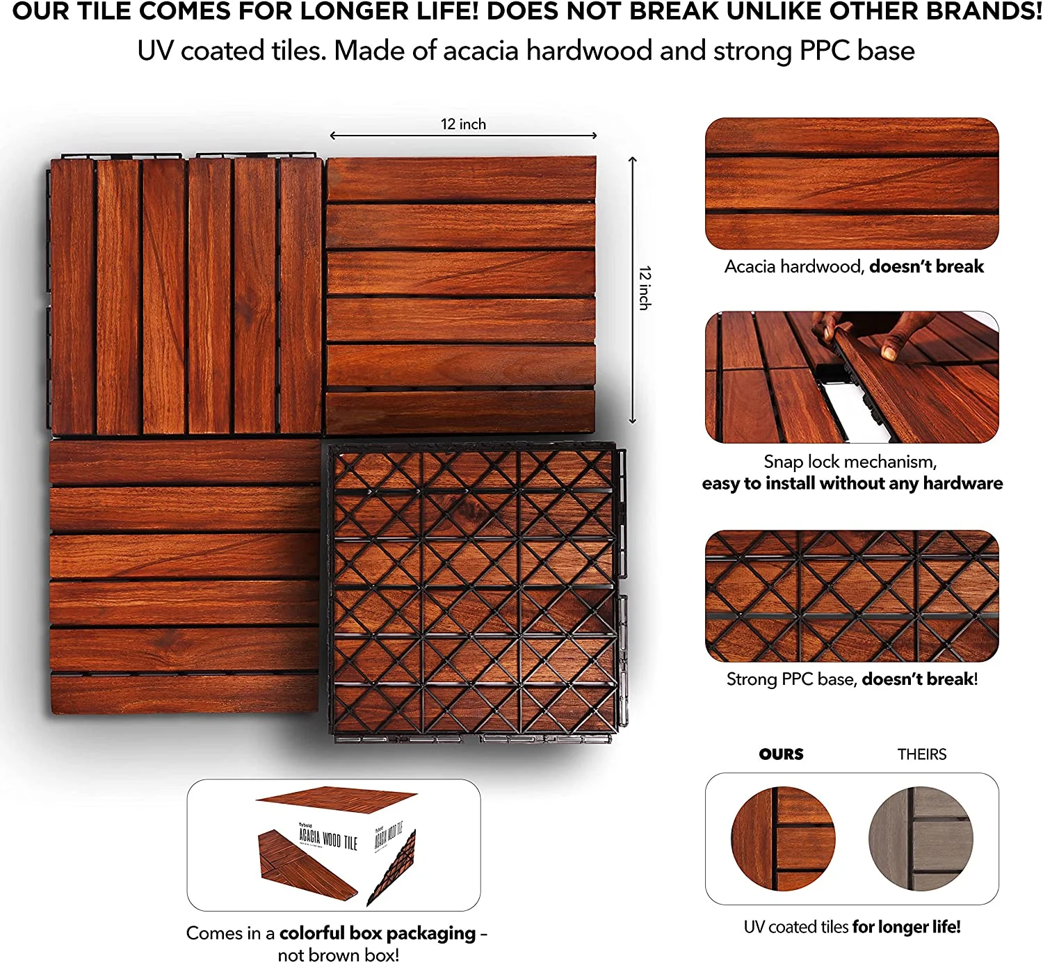 Flybold Acacia Wood Outdoor Flooring Interlocking Wood Tiles 12' x 12'