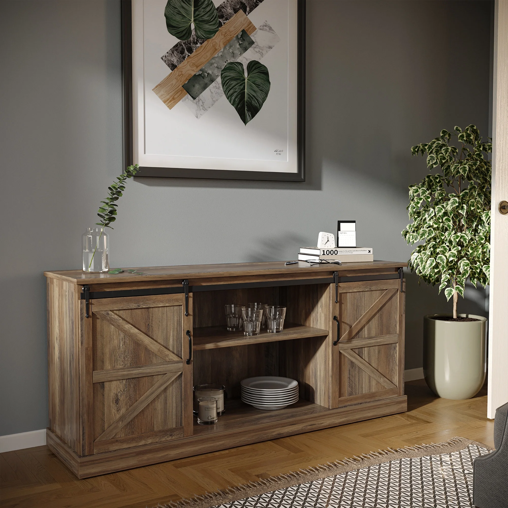 BELLEZE TV Stand Media Entertainment Center Console - Truman (Rustic Oak)