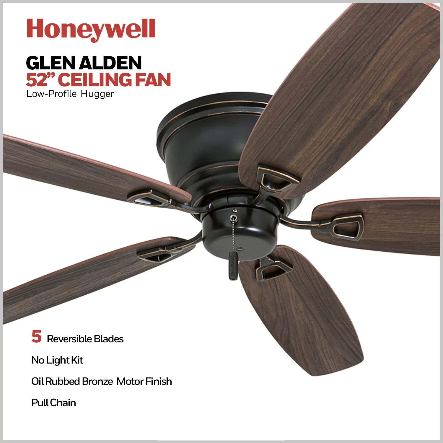 Honeywell Glen Alden 52' Bronze Low Profile Ceiling Fan with 5 Blades, Pull Chain Control & Reverse Airflow