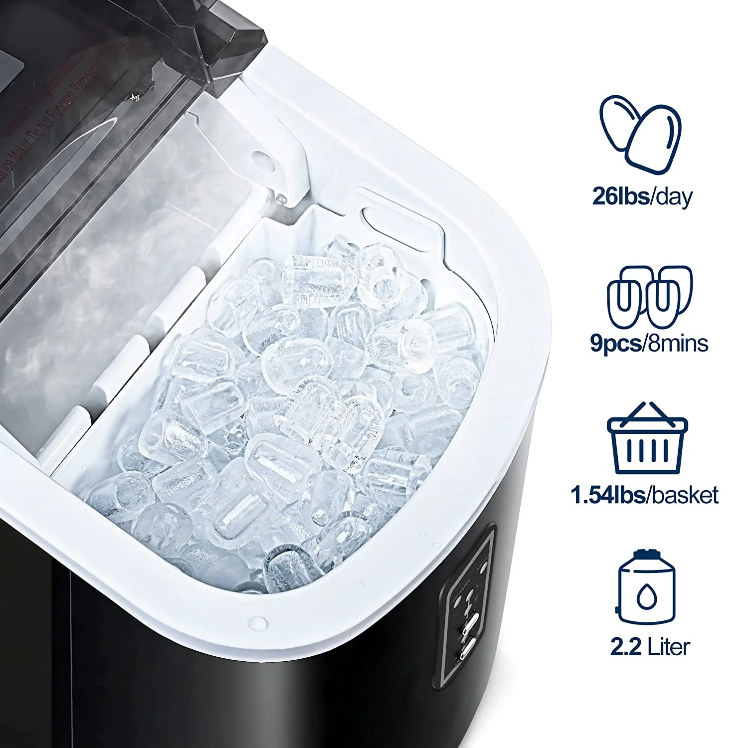Ice Maker Machine Countertop, 26 lbs in 24 Hours, 9 Cubes Ready in 6 Mins, Self-Clean Electric Ice Maker Compact Potable Ice Maker with Ice Scoop and Basket. for Home/Kitchen/Office.(Black)