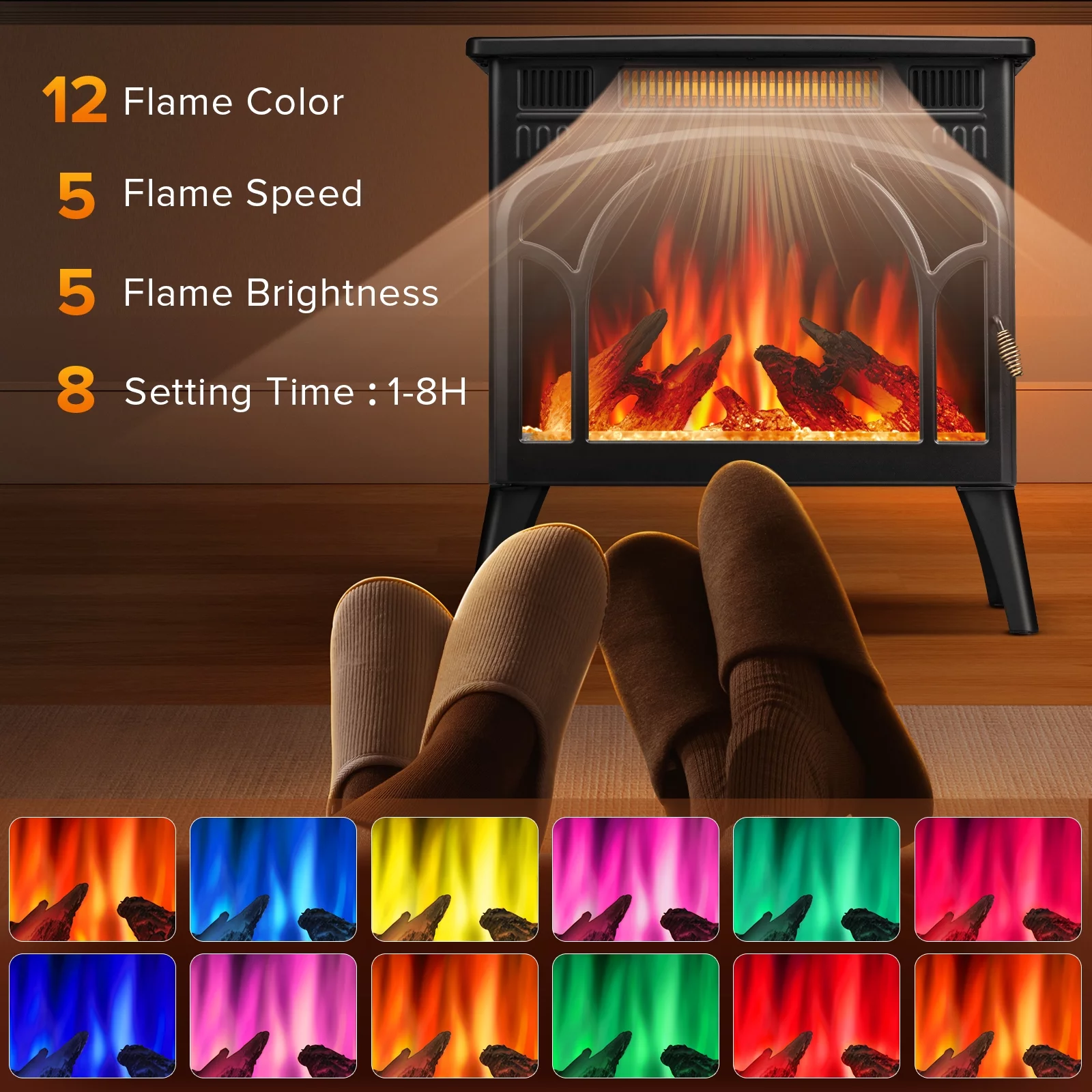 Auseo Electric Fireplace Heater 25'' with 3D Realistic Flame Effect, Freestanding Fireplace, Different Flame Color, 500W/1500W,- Black