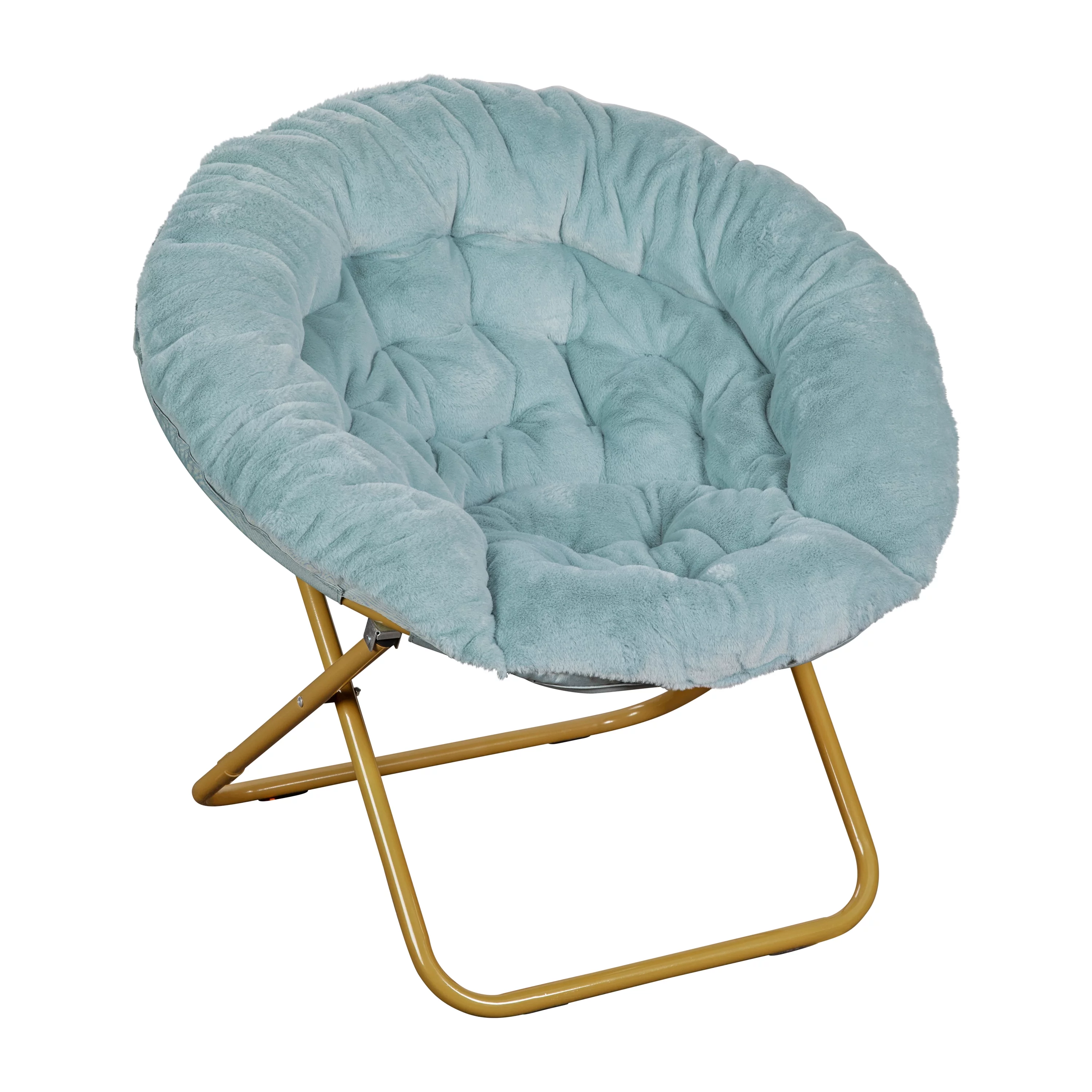Emma + Oliver 38' Oversize Folding Saucer Chair with Cozy Faux Fur Upholstery in Dusty Aqua with Soft Gold Metal Frame for Dorms, Bedrooms, Apartments and More