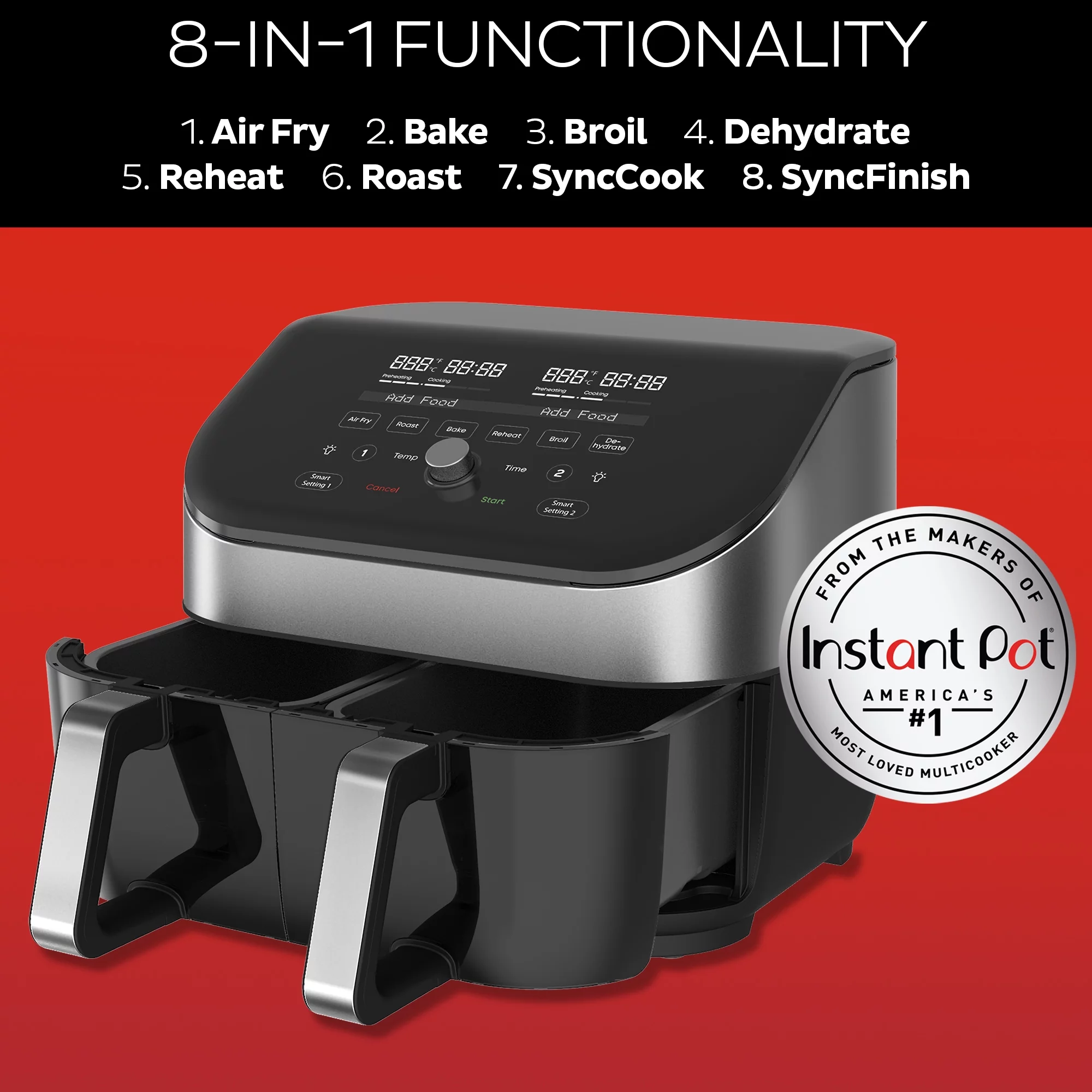 Instant Vortex Plus XL 8-Quart Air Fryer with Dual Baskets and Clear Cooking Windows, Stainless Steel