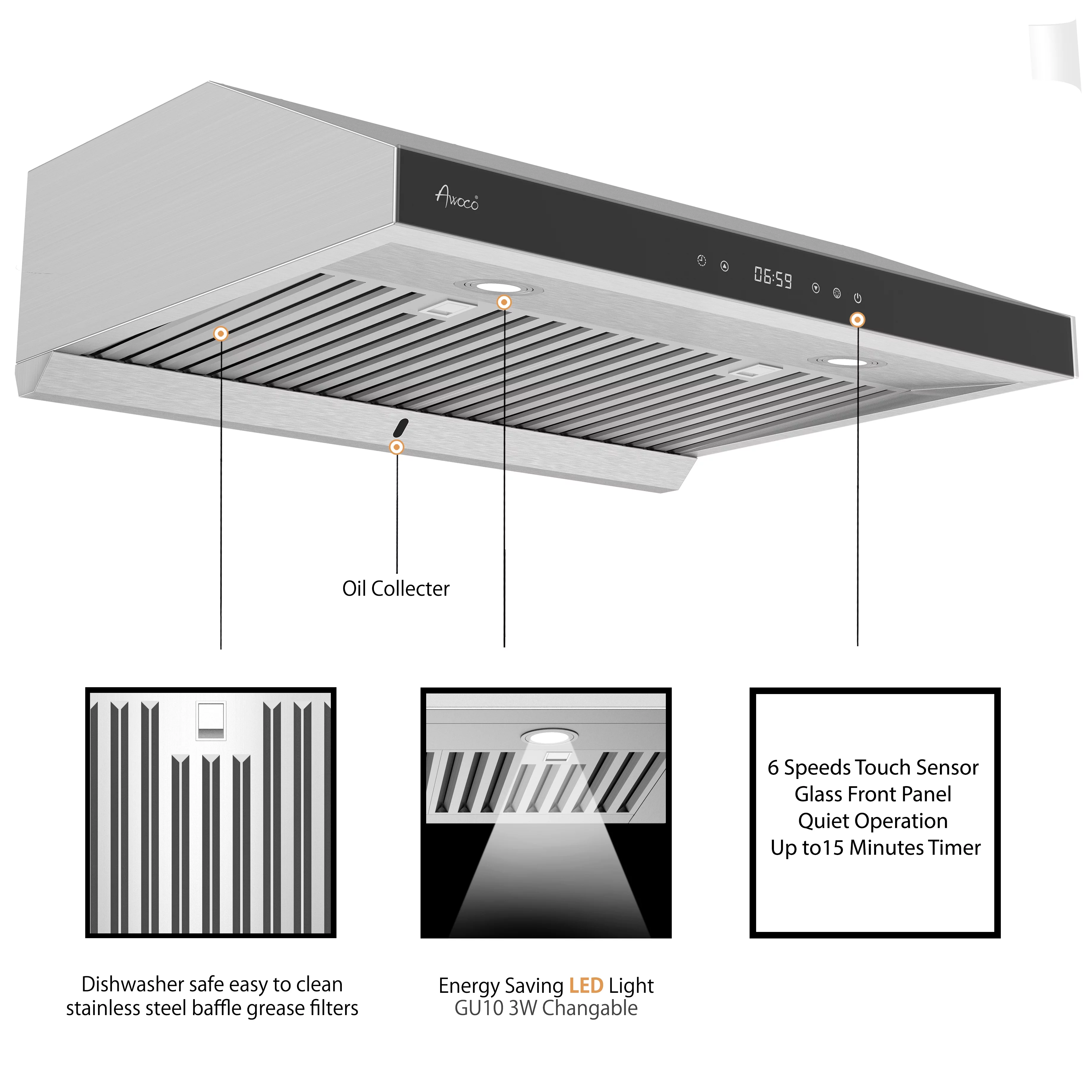 Awoco RH-R06-G36 Stainless Steel Under Cabinet 6 Speeds 900 CFM Range Hood With Tempered Glass Touch Panel, LED Lights, Baffle Filters And Oil Collector, 7' High