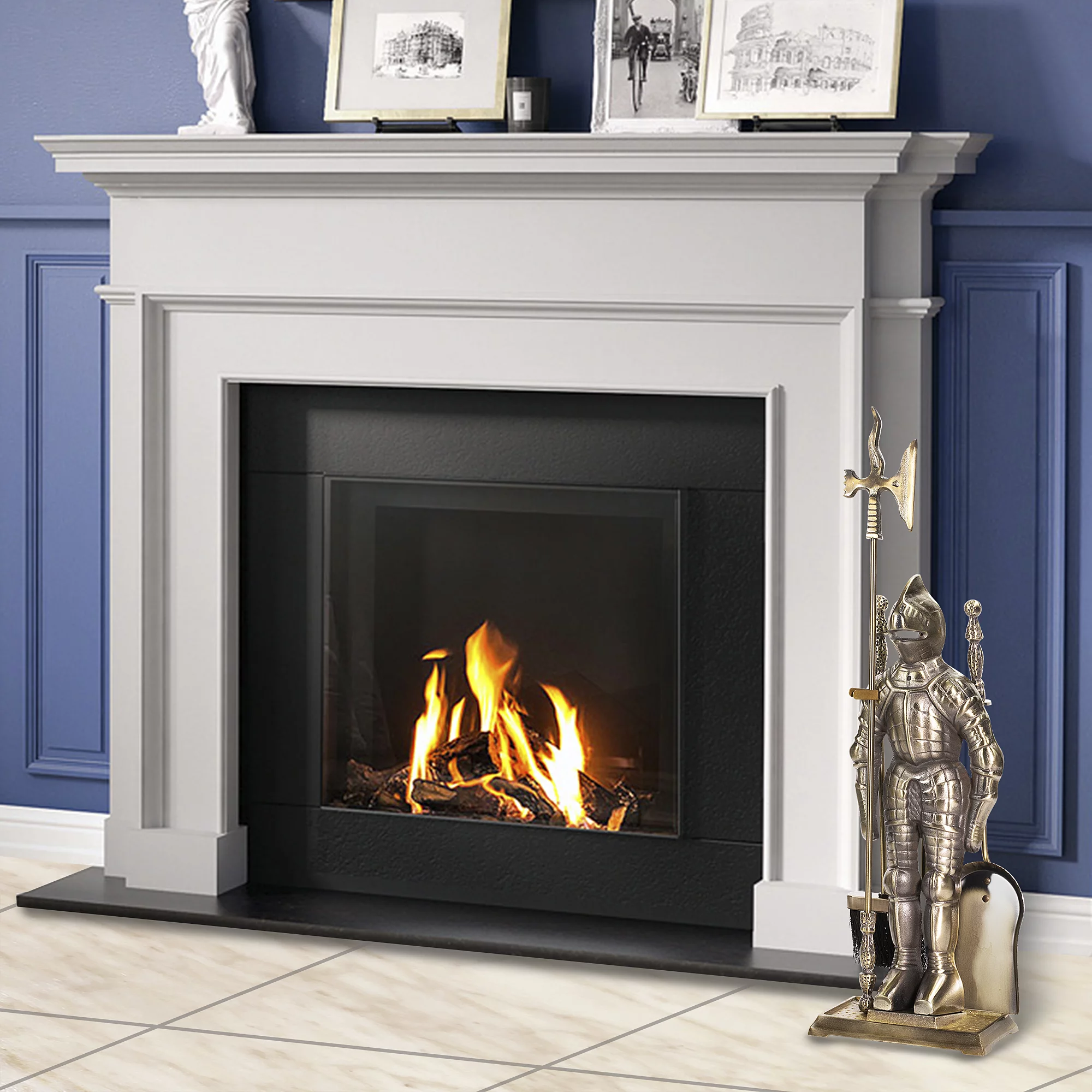 Barton 5-Pieces Middle Ages Irons Knight Fireplace Tool Set Wood Stove Logs, Antique Brass