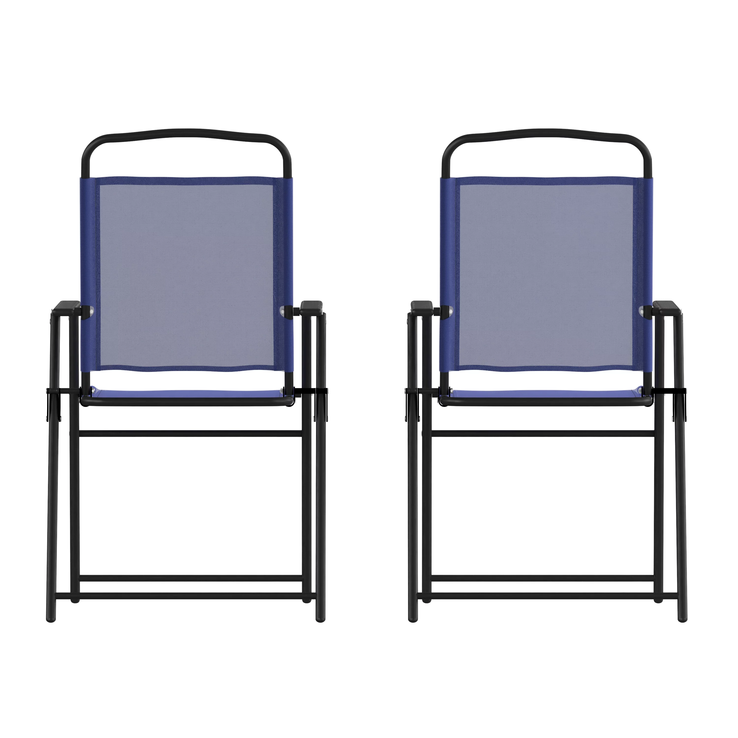 BizChair Set of 2 Folding Patio Sling Chairs, Outdoor Textilene Lawn Chairs with Armrests in Navy