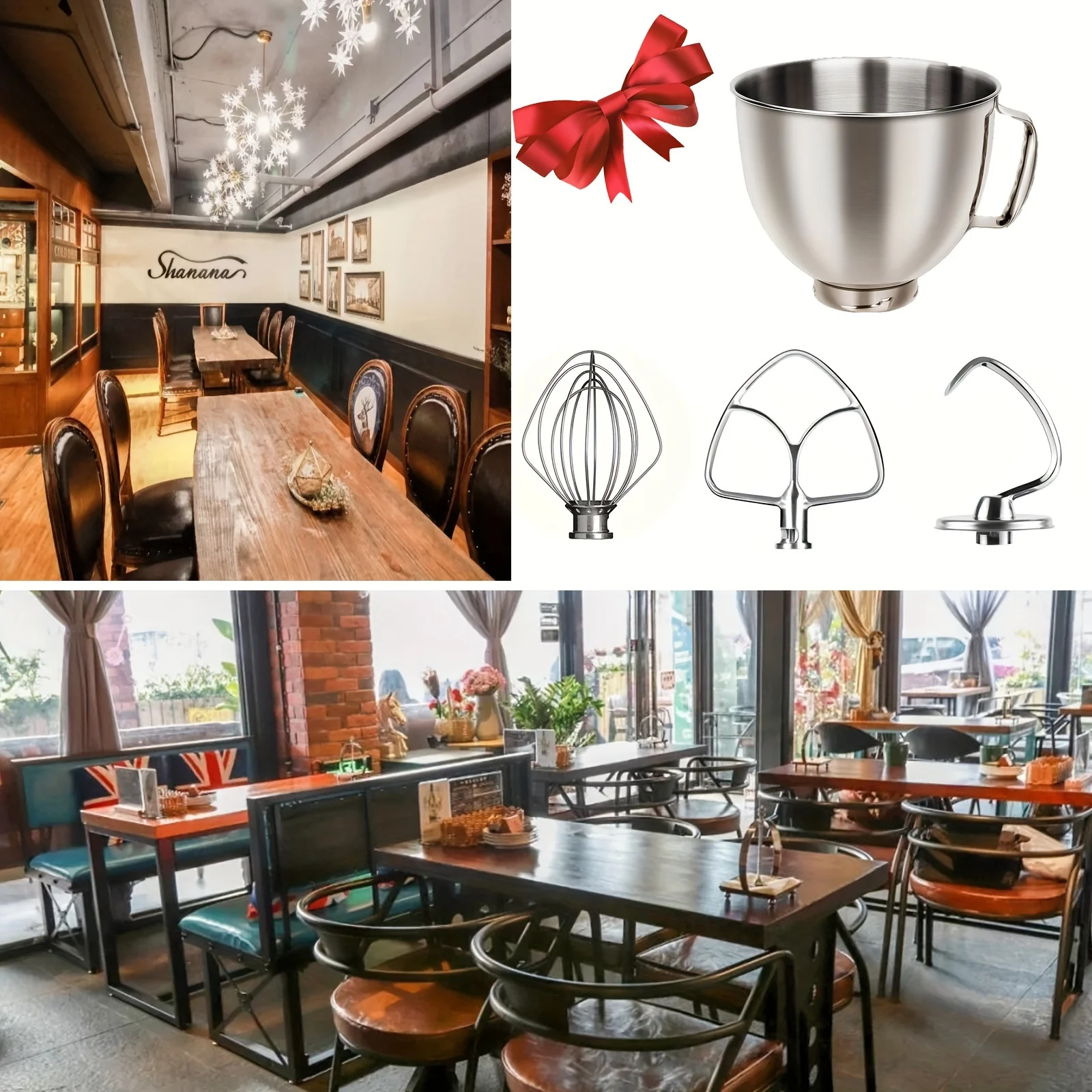 4PCS- stainless Steel Accessories No Machine - Line whip + dough hook + coated flat paddle + stainless steel bowl, 4.5 and 5-quart Tilt Stand mixers, Kitchen Tilt Tilt Mixer accessories