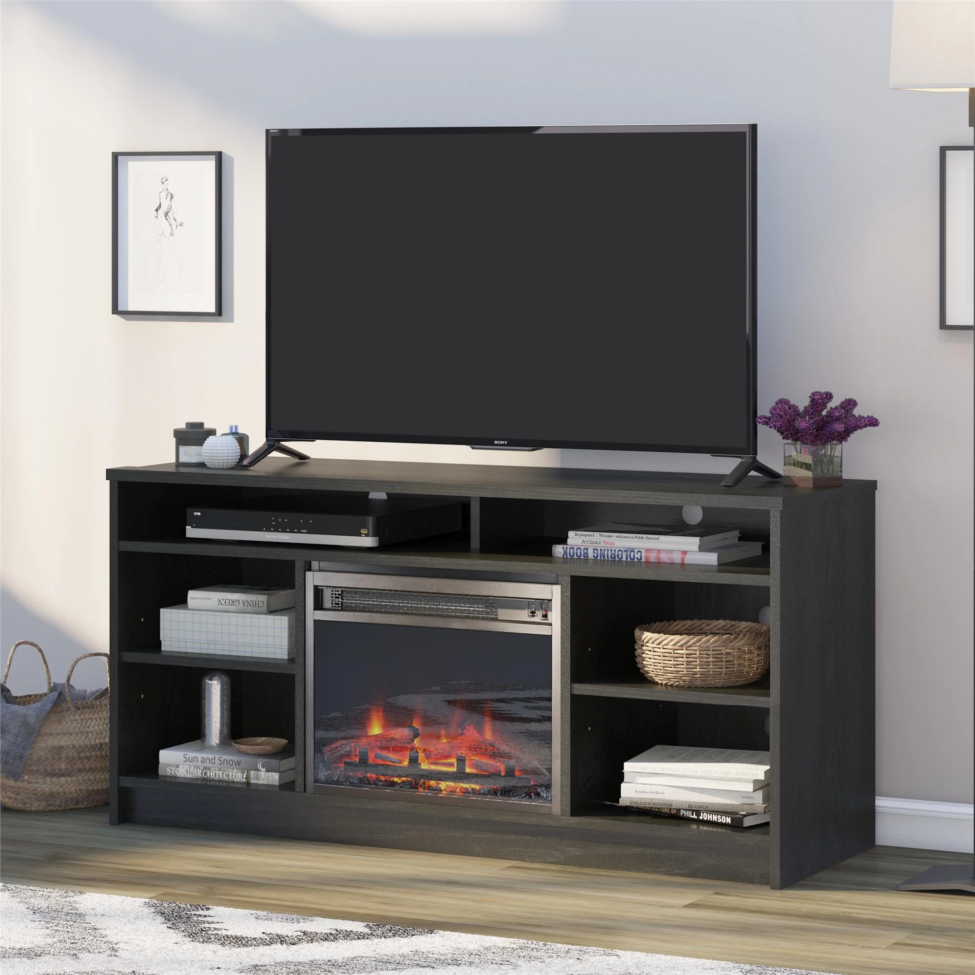 Ameriwood Home Heston 55' TV Stand with Electric Fireplace Insert and 6 Shelves, Black Oak