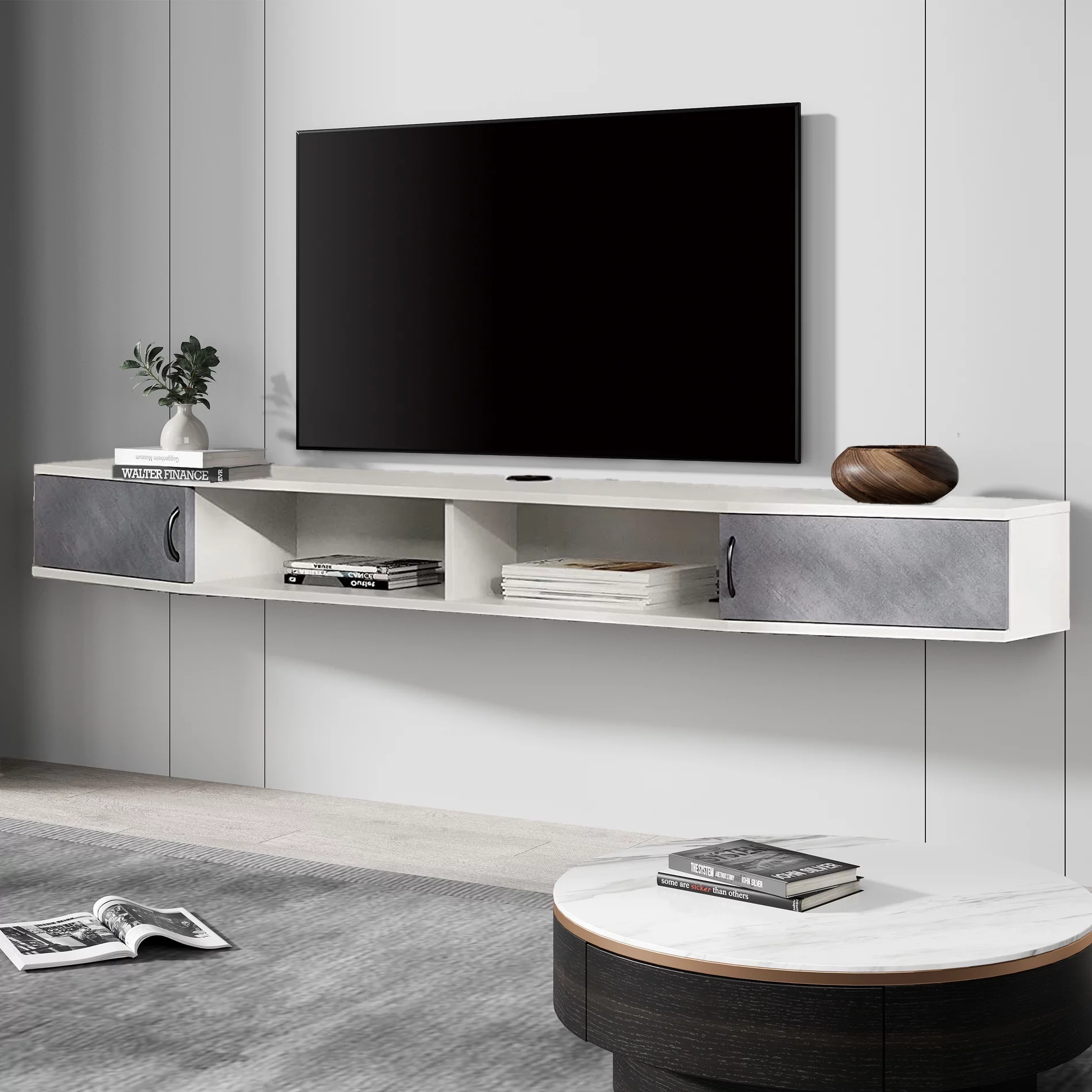 Fitueyes Floating TV Stand Shelf, Wall Mounted Shelf With Storage Cabinet,Entertainment Center for 85 Inch TV