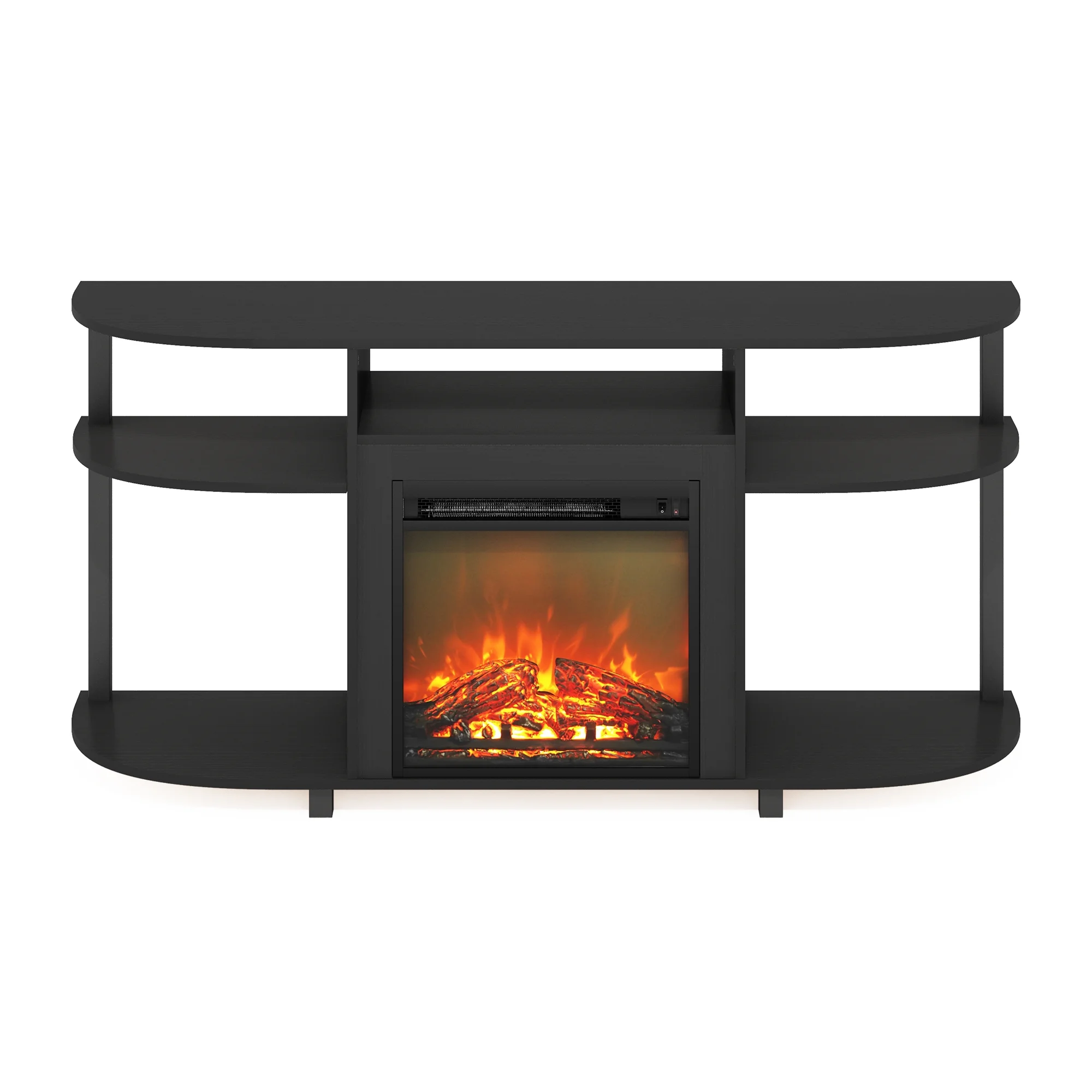 Furinno Jensen Open Storage Curved Entertainment Center Stand with Fireplace for TV up to 55 Inch, Americano