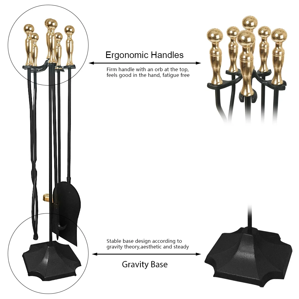 Amagabeli 5 Pcs Large Fireplace Tools Sets Golden Handle Wrought Iron Tool Set and Holder Outdoor Fireset Fire Pit Stand Indoor Tongs Shovel Antique Brush Chimney Poker Wood Stove Hearth Accessories
