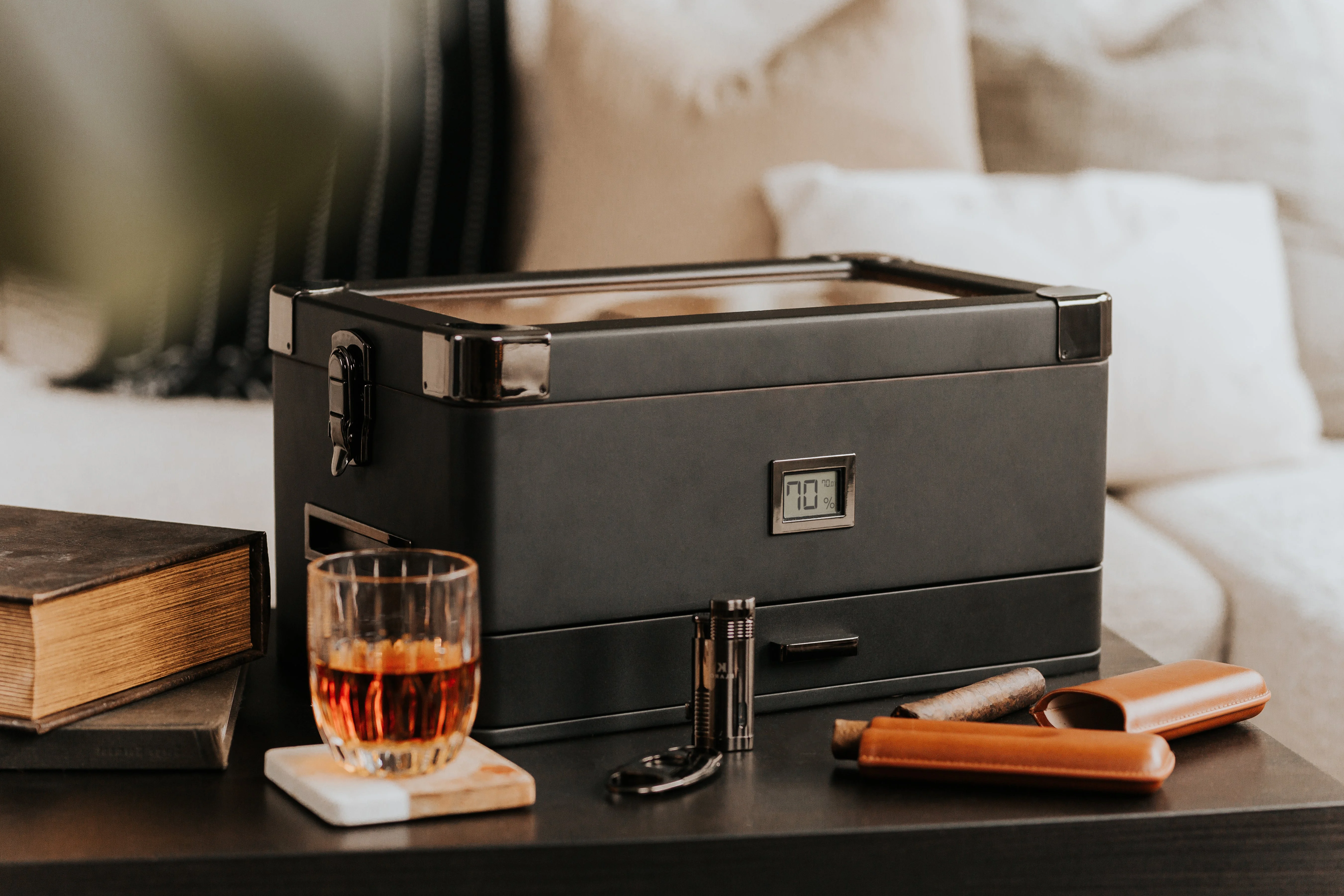 Black Edition Military Humidor Glass Top with Front Digital Hygrometer, Spanish Cedar, Holds (50-100 Cigars) by Case Elegance