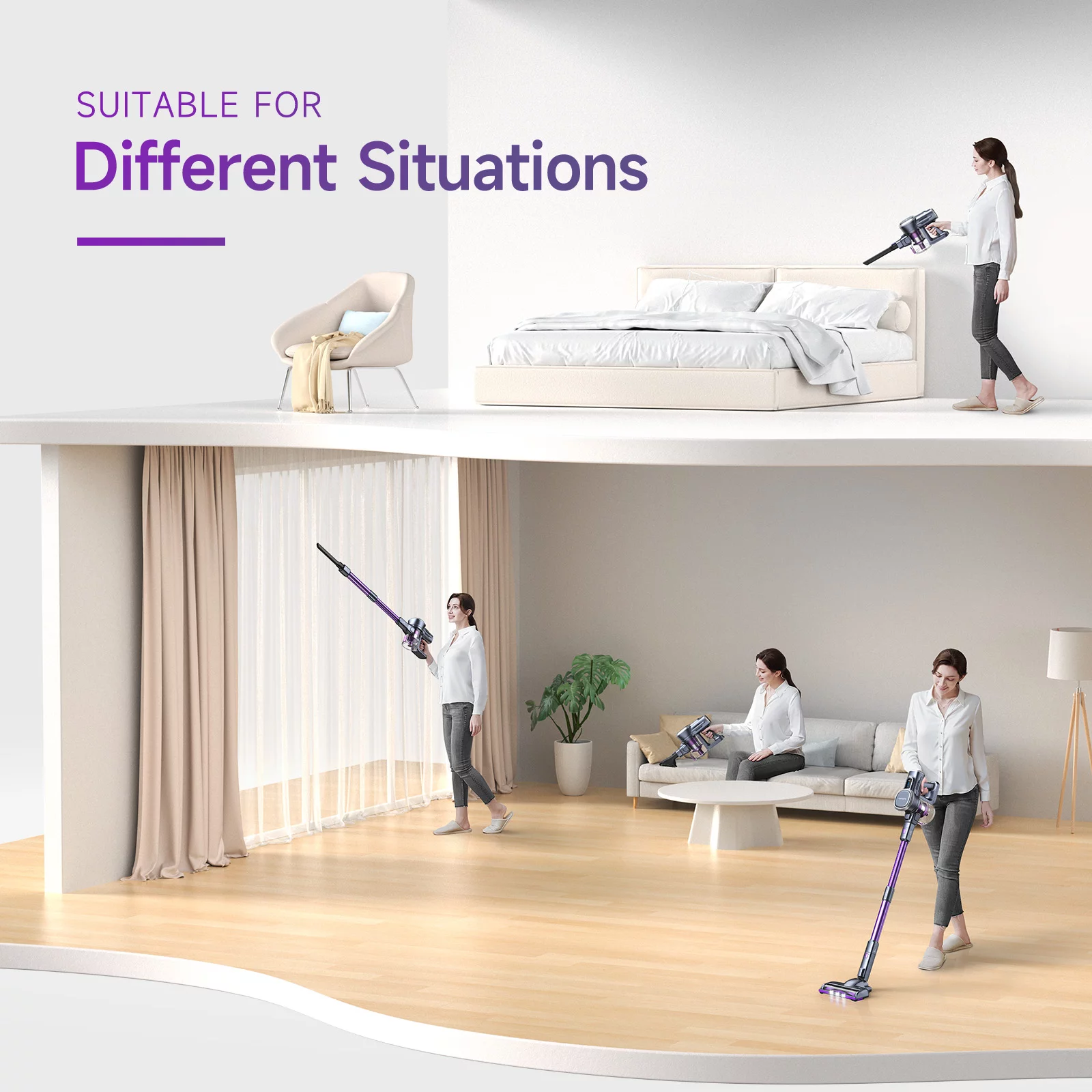 Free-Standing Vacuum Cleaner 25KPa 6 in 1 Powerful Lightweight Cordless Stick Vacuum Cleaner for Carpet Floor Pet Hair