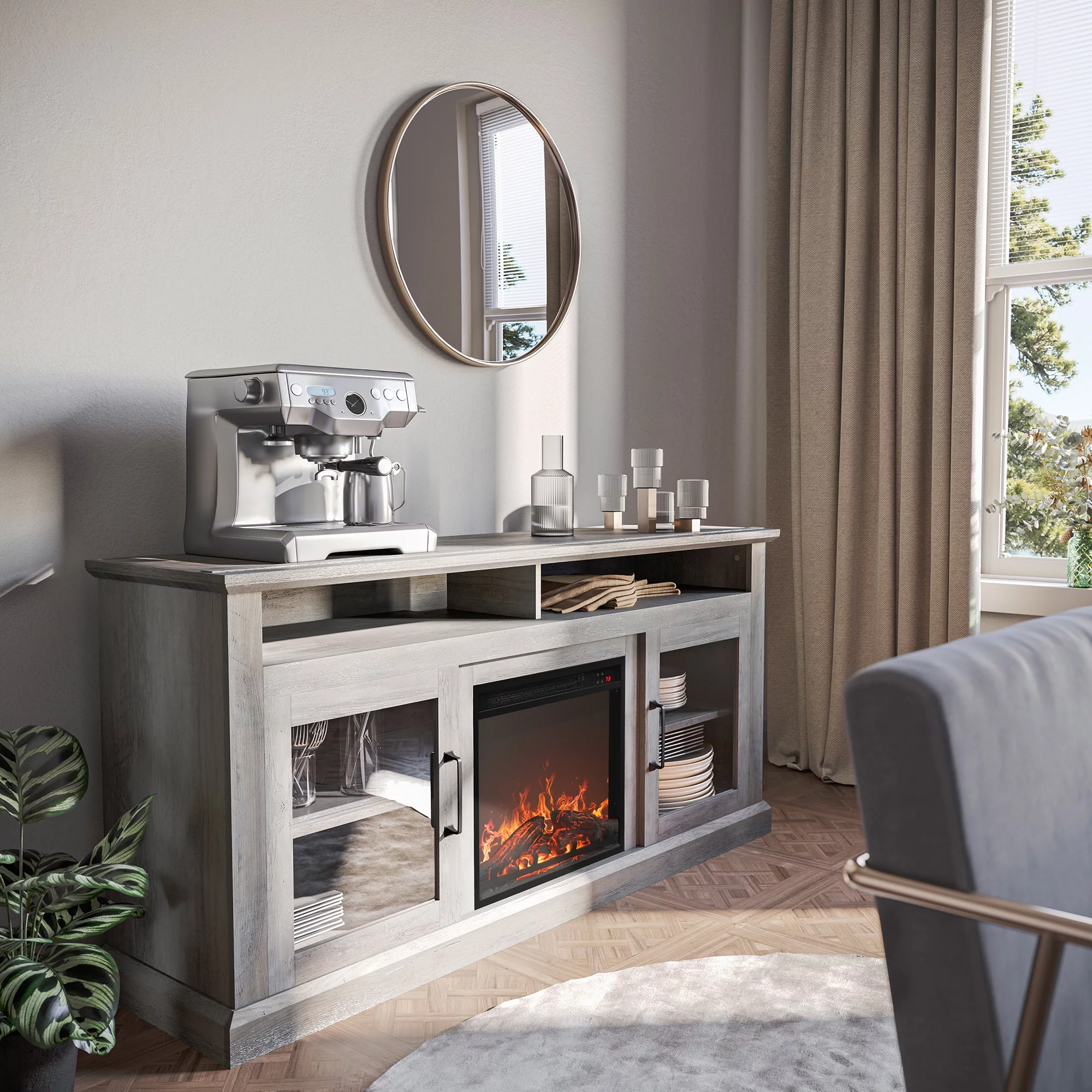 BELLEZE 60' Traditonal TV Stand Media Entertainment Center For TVs up to 65' with 18' Fireplace - Cayman (Gray Wash)