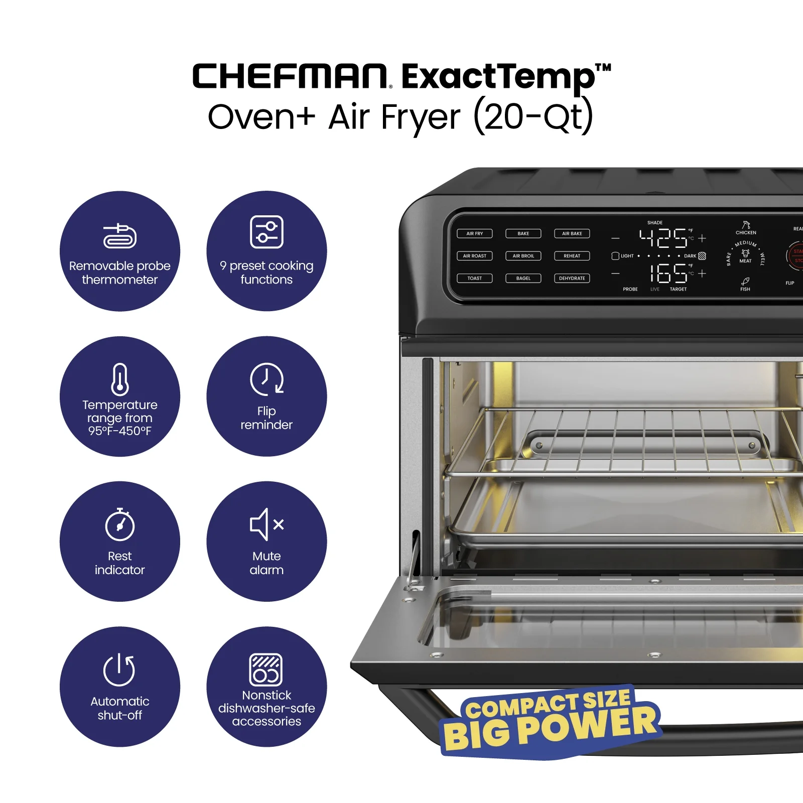 Chefman 12-in-1 Air Fryer Oven Combo w/ Probe Thermometer, 20 Qt Capacity - Black Stainless Steel, New