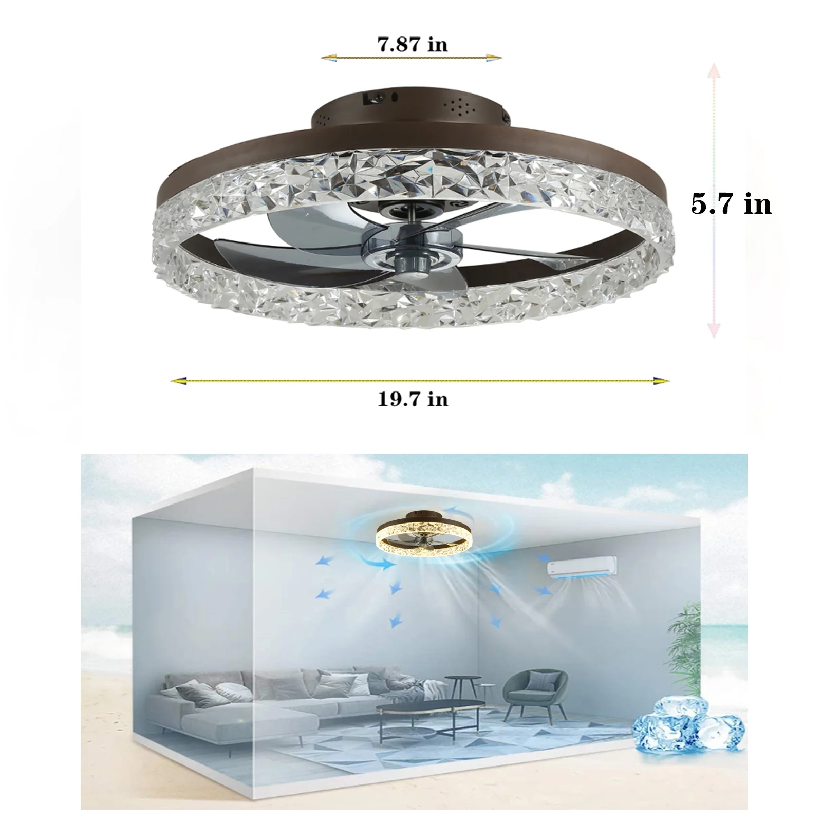 JLPAN Modern Ceiling Fans with Lights and Remote, 19.7in Low Profile Ceiling Fan Flush Mount, 3000K-6500K Dimmable Bladeless LED Fan Light, Fandelier Ceiling Fans with Lights for Bedroom, Brown