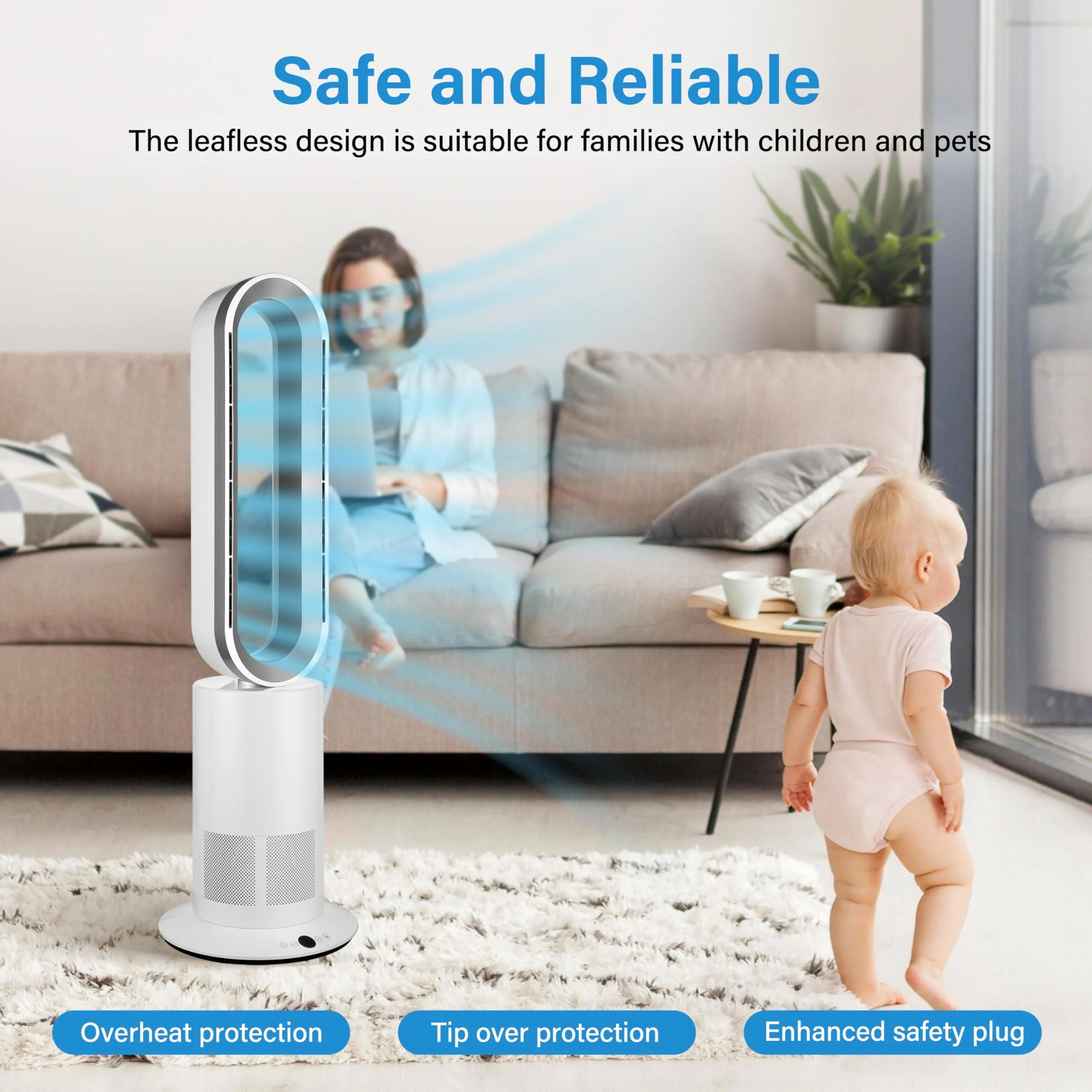 Bladeless Tower Fan, Quiet Bedroom Fan with Remove, 34 Inch, Oscillating Fan for Indoor, Heater and Fan Combo, White